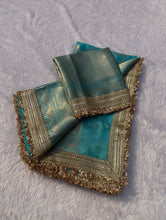 Load image into Gallery viewer, Delightful Wedding Wear Sky Blue Color Soft Banarasi Silk Jacquard Zari Weaving With Lace Border Work Fancy Designer Saree
