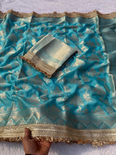 Load image into Gallery viewer, Delightful Wedding Wear Sky Blue Color Soft Banarasi Silk Jacquard Zari Weaving With Lace Border Work Fancy Designer Saree
