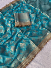Load image into Gallery viewer, Delightful Wedding Wear Sky Blue Color Soft Banarasi Silk Jacquard Zari Weaving With Lace Border Work Fancy Designer Saree
