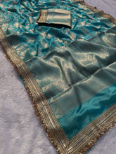 Load image into Gallery viewer, Delightful Wedding Wear Sky Blue Color Soft Banarasi Silk Jacquard Zari Weaving With Lace Border Work Fancy Designer Saree
