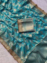 Load image into Gallery viewer, Delightful Wedding Wear Sky Blue Color Soft Banarasi Silk Jacquard Zari Weaving With Lace Border Work Fancy Designer Saree
