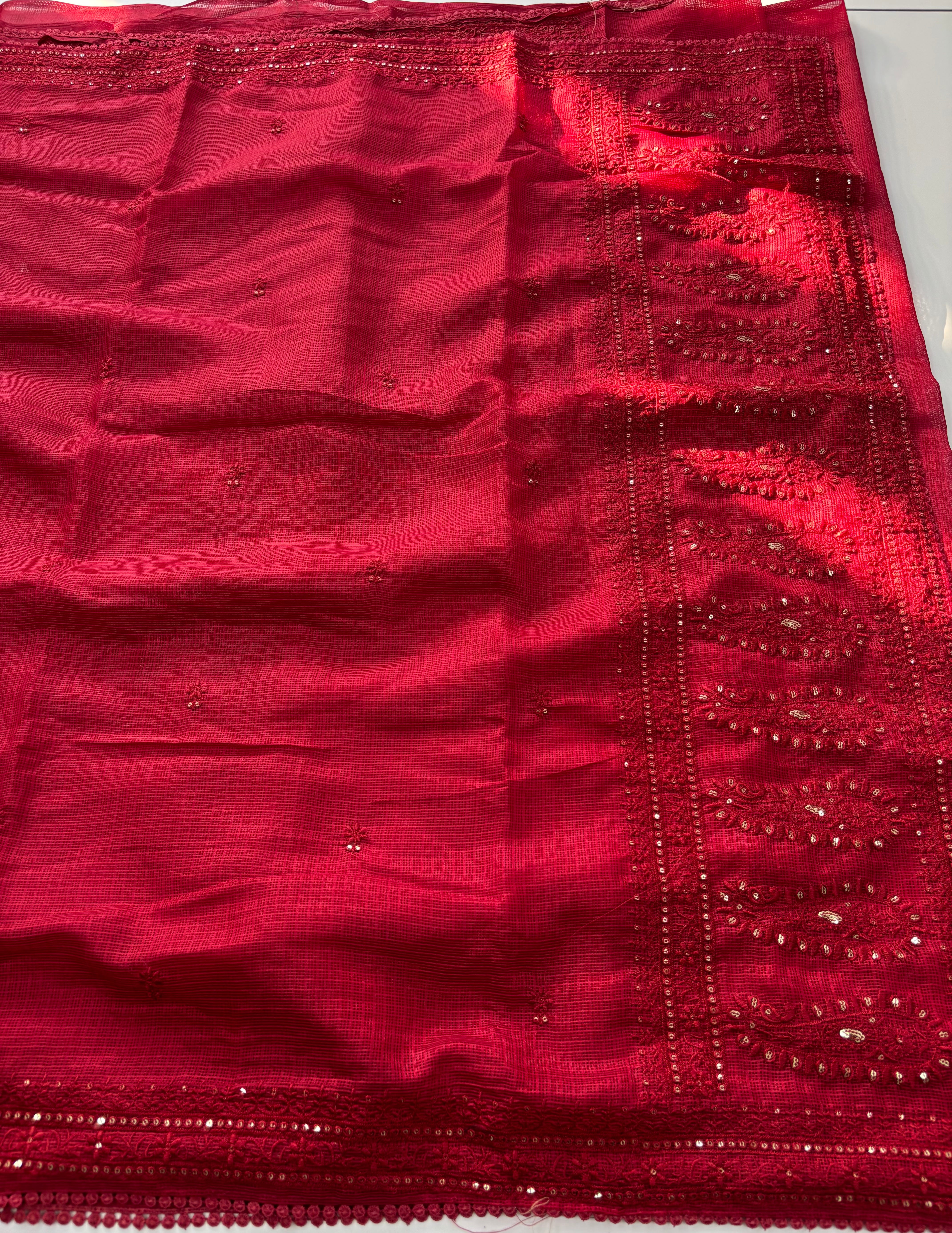 Incredible Partywear Soft Kota Doriya Embrodiered Thread n Sequence Work Designer Saree With Matching Blouse Piece