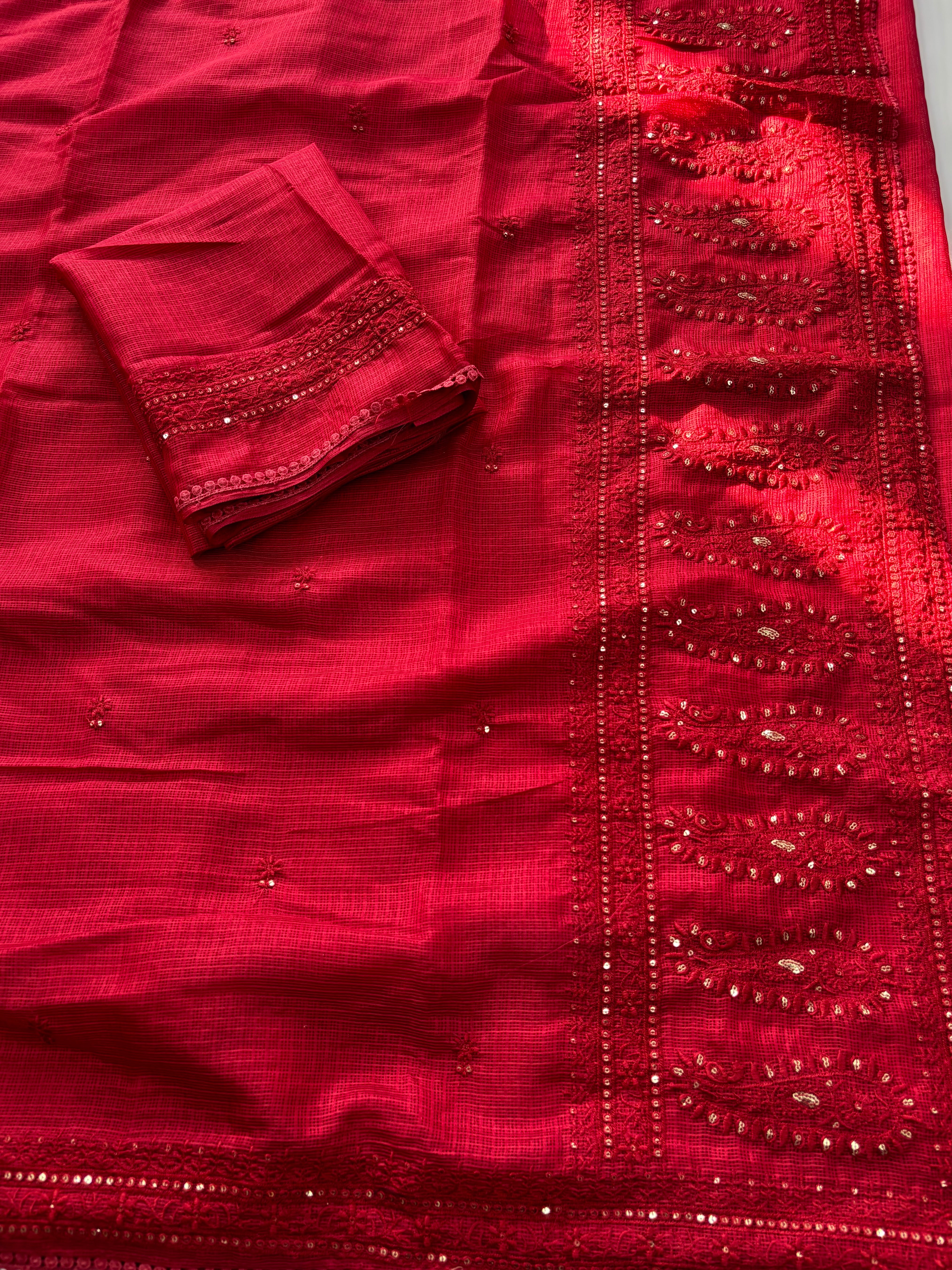Incredible Partywear Soft Kota Doriya Embrodiered Thread n Sequence Work Designer Saree With Matching Blouse Piece