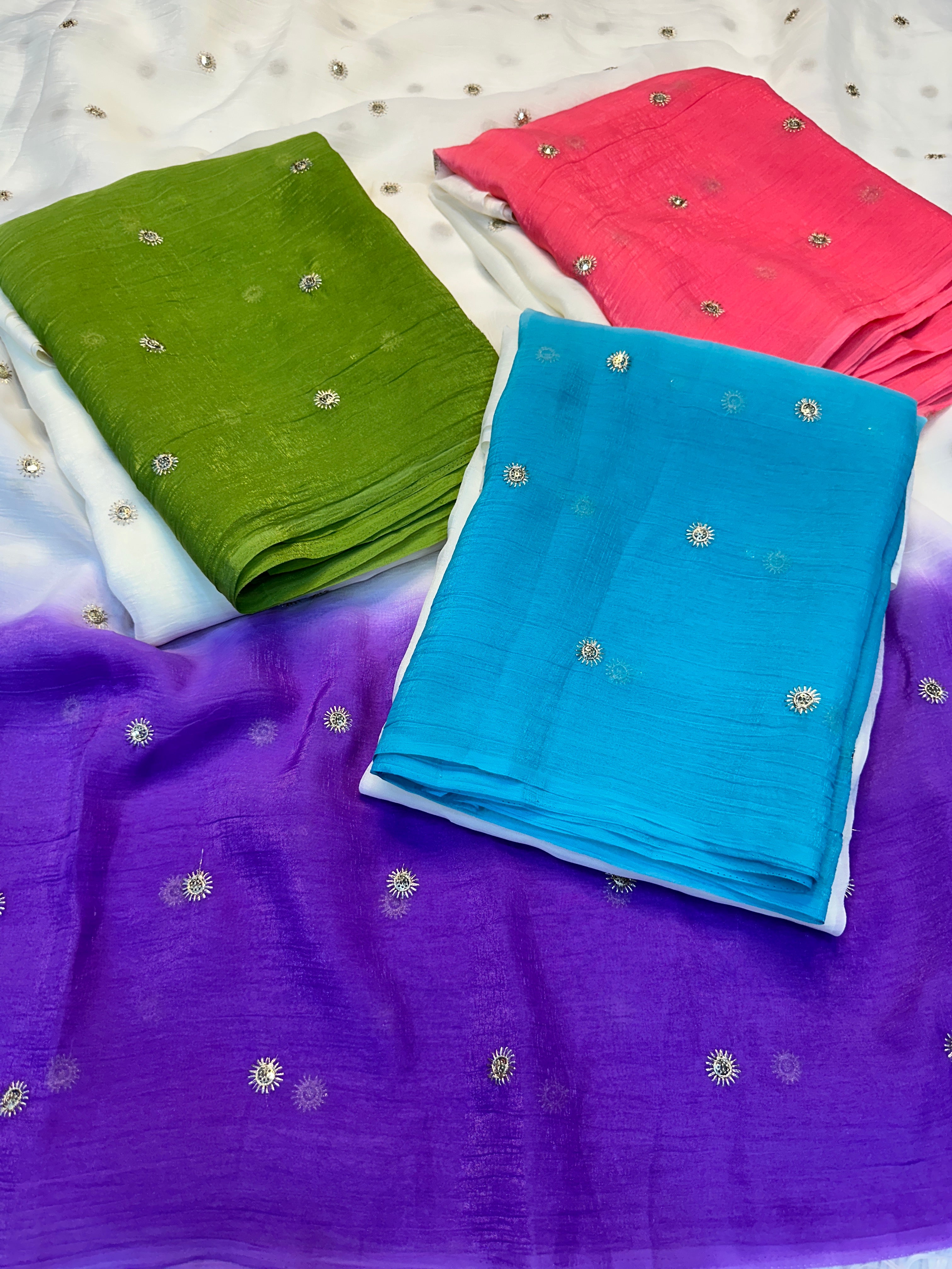 Splendorous Party Wear Double Shaded Crunchy Chiffon Crush Silk Embroidery Work Saree With Contrast Blouse