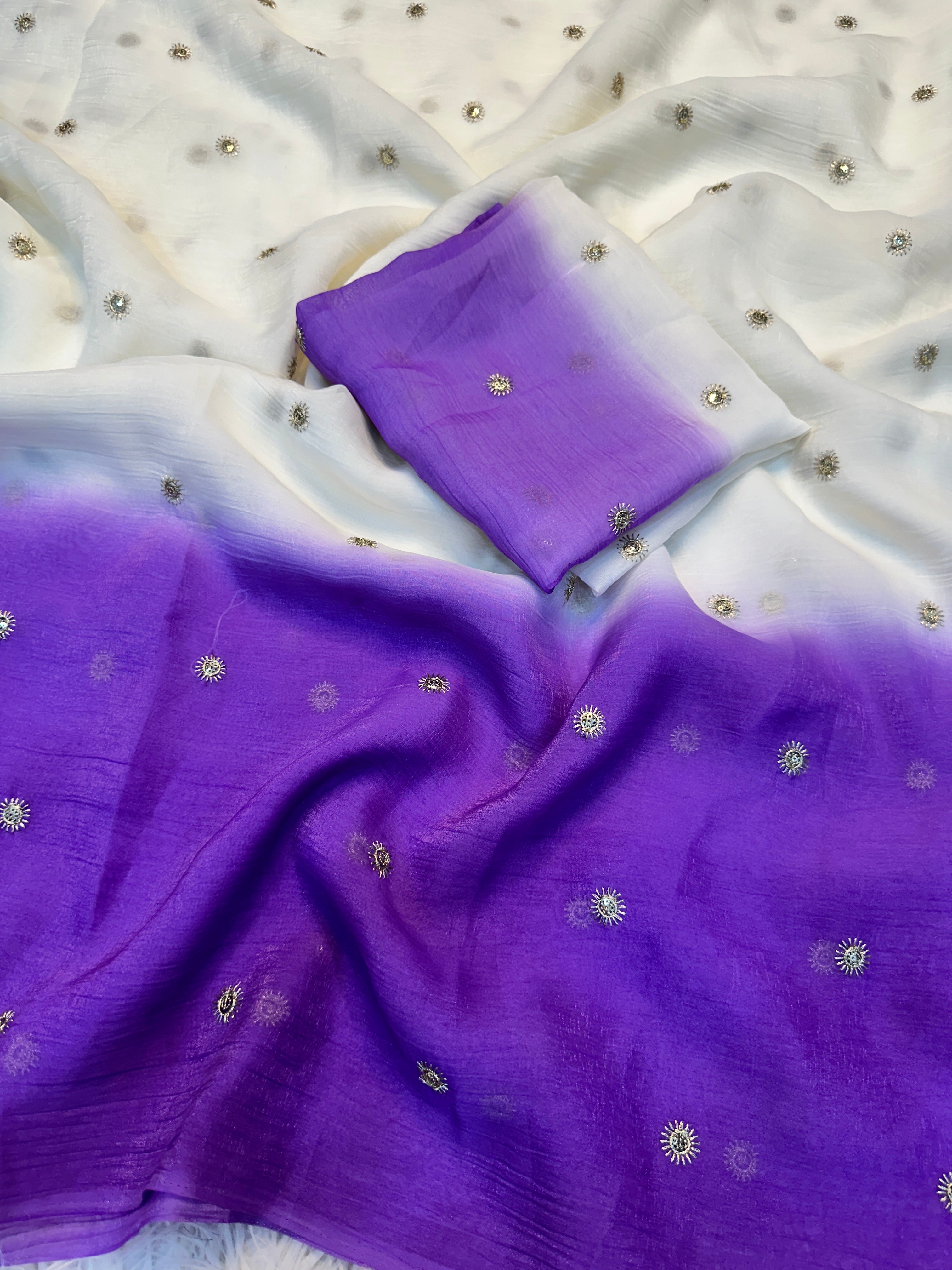 Splendorous Party Wear Double Shaded Crunchy Chiffon Crush Silk Embroidery Work Saree With Contrast Blouse
