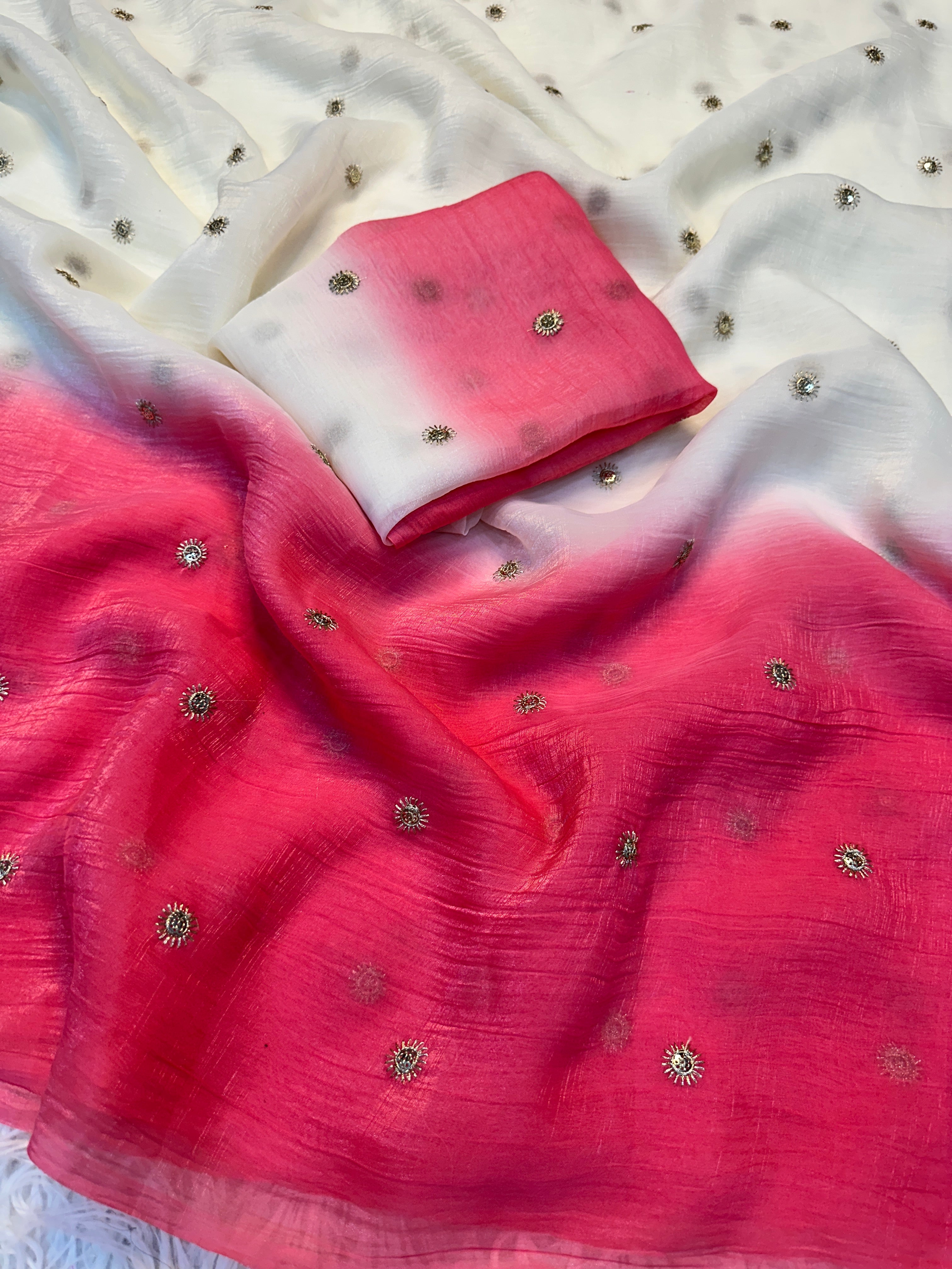 Splendorous Party Wear Double Shaded Crunchy Chiffon Crush Silk Embroidery Work Saree With Contrast Blouse