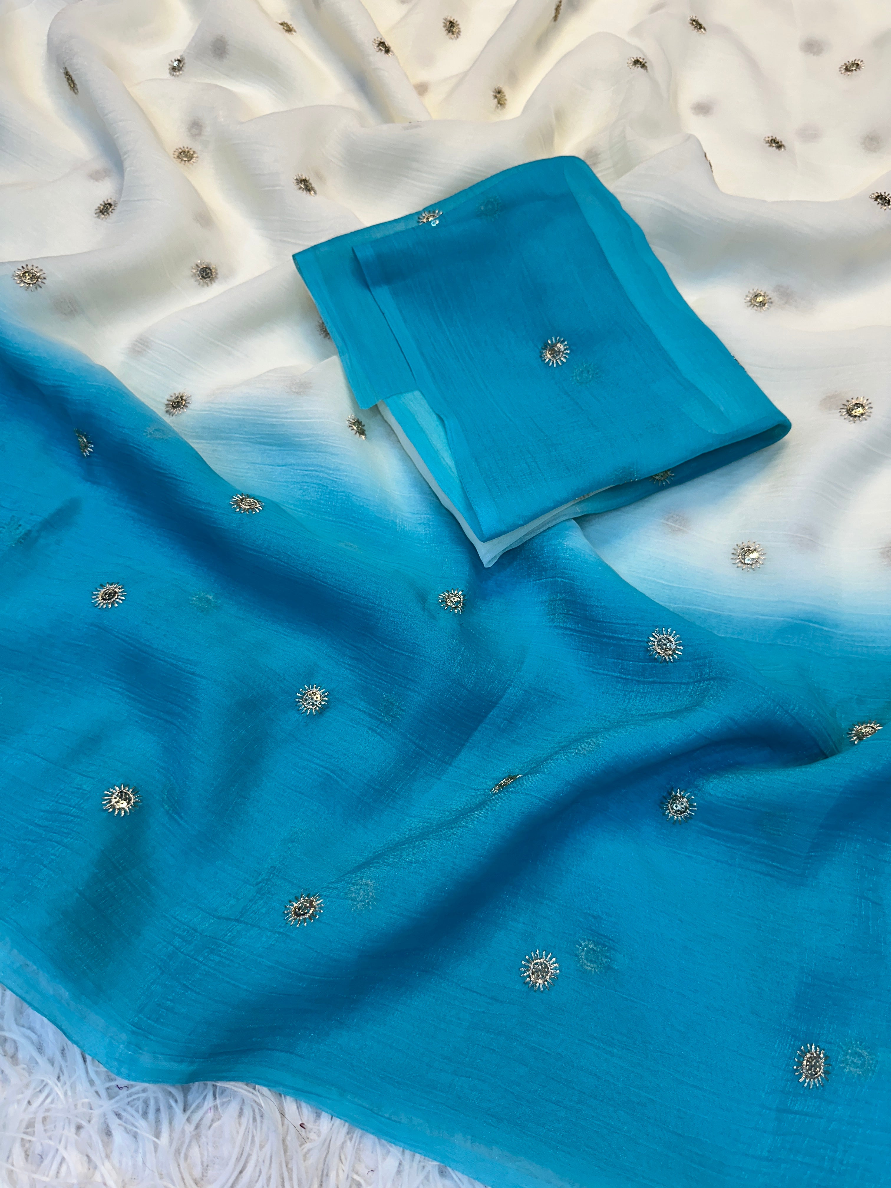 Splendorous Party Wear Double Shaded Crunchy Chiffon Crush Silk Embroidery Work Saree With Contrast Blouse