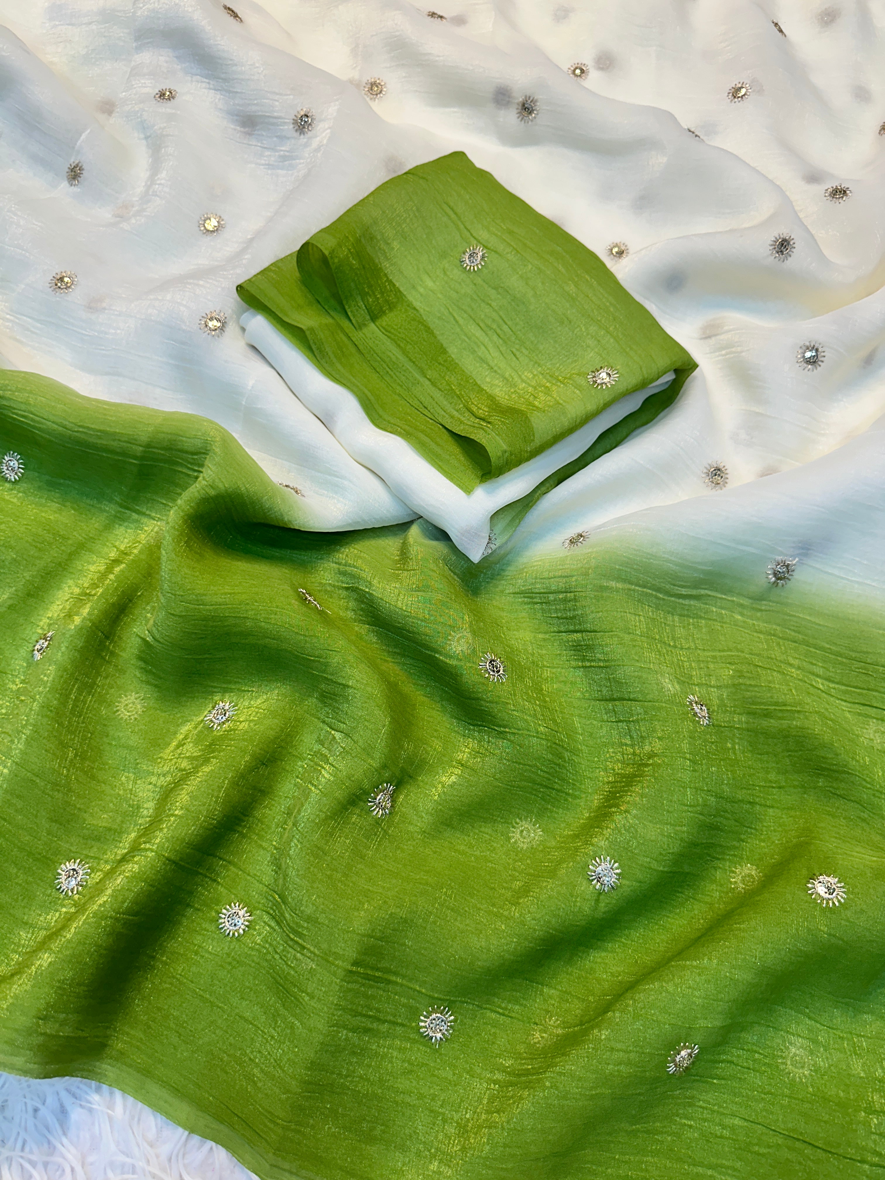 Splendorous Party Wear Double Shaded Crunchy Chiffon Crush Silk Embroidery Work Saree With Contrast Blouse