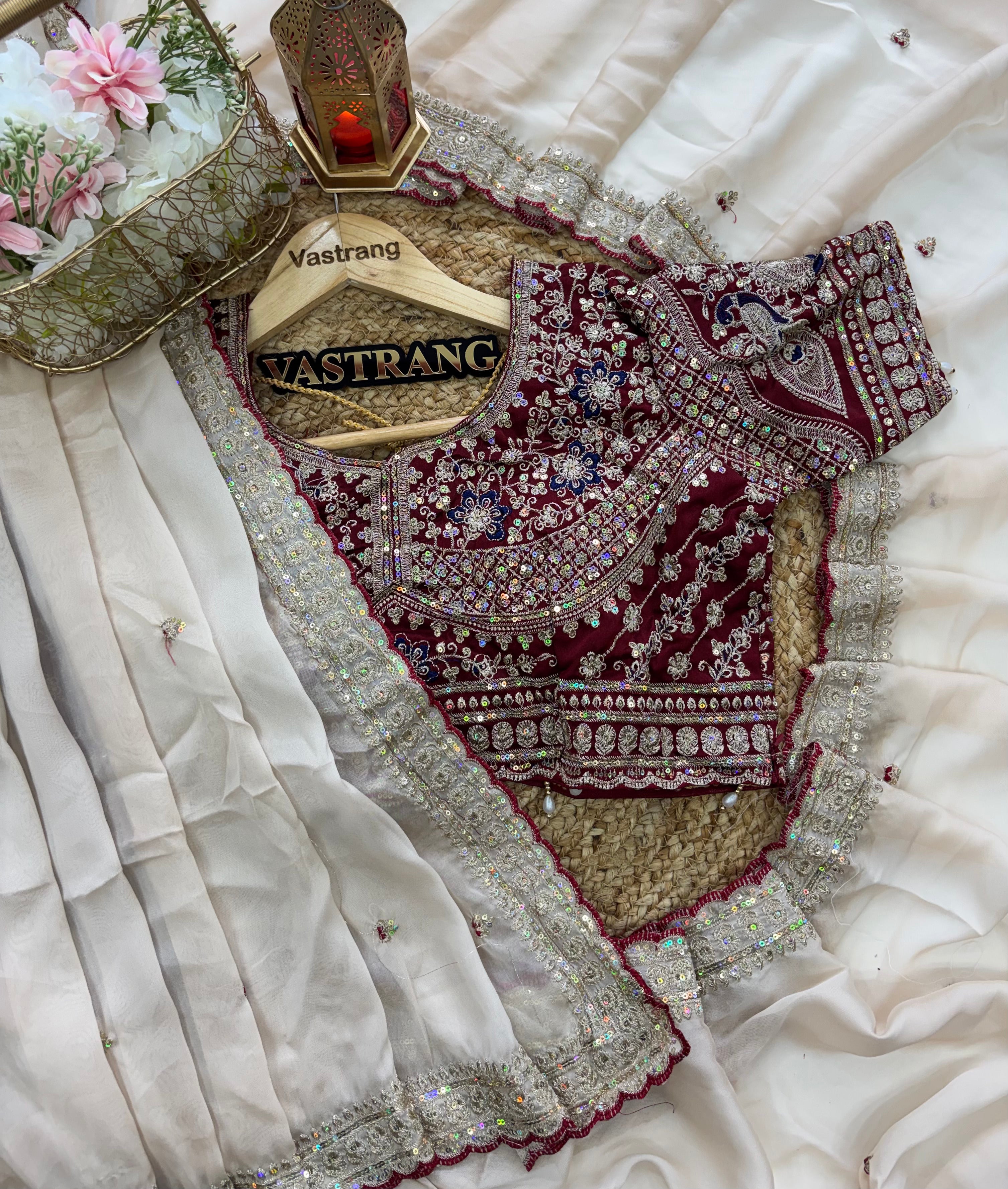 Outstanding Wedding Wear Silk Sequence n Embroidery Work Butti Desginer Saree With Stitched Blouse