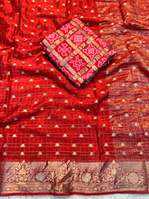 Load image into Gallery viewer, Evocative Function Wear Pure Chinon Zari Silk With Chex Weaving Fancy Designer Saree For Women
