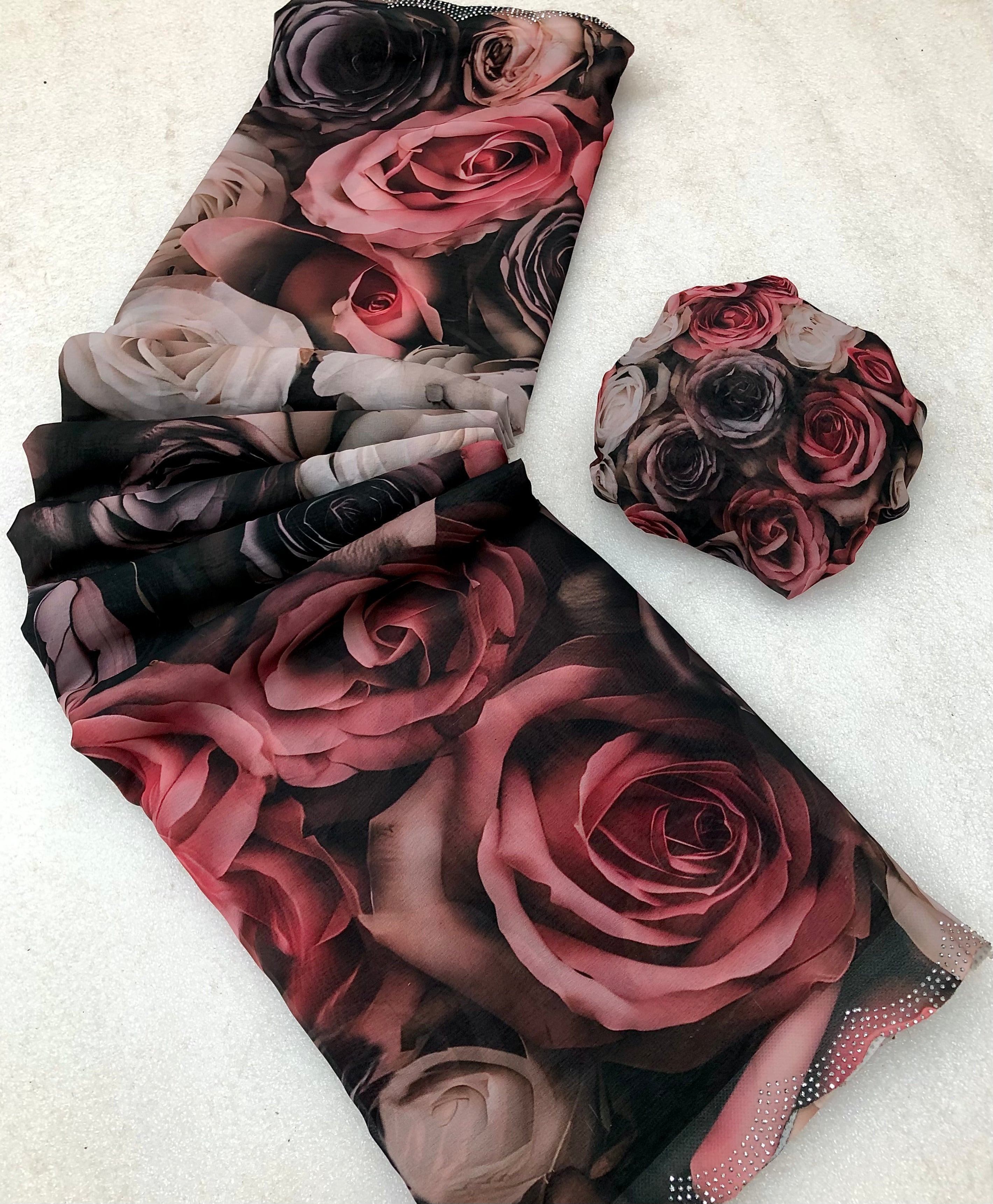 New Partywear Beautiful Print n Siroski Work Soft Chiffon Fabric Fancy Designer Saree Design