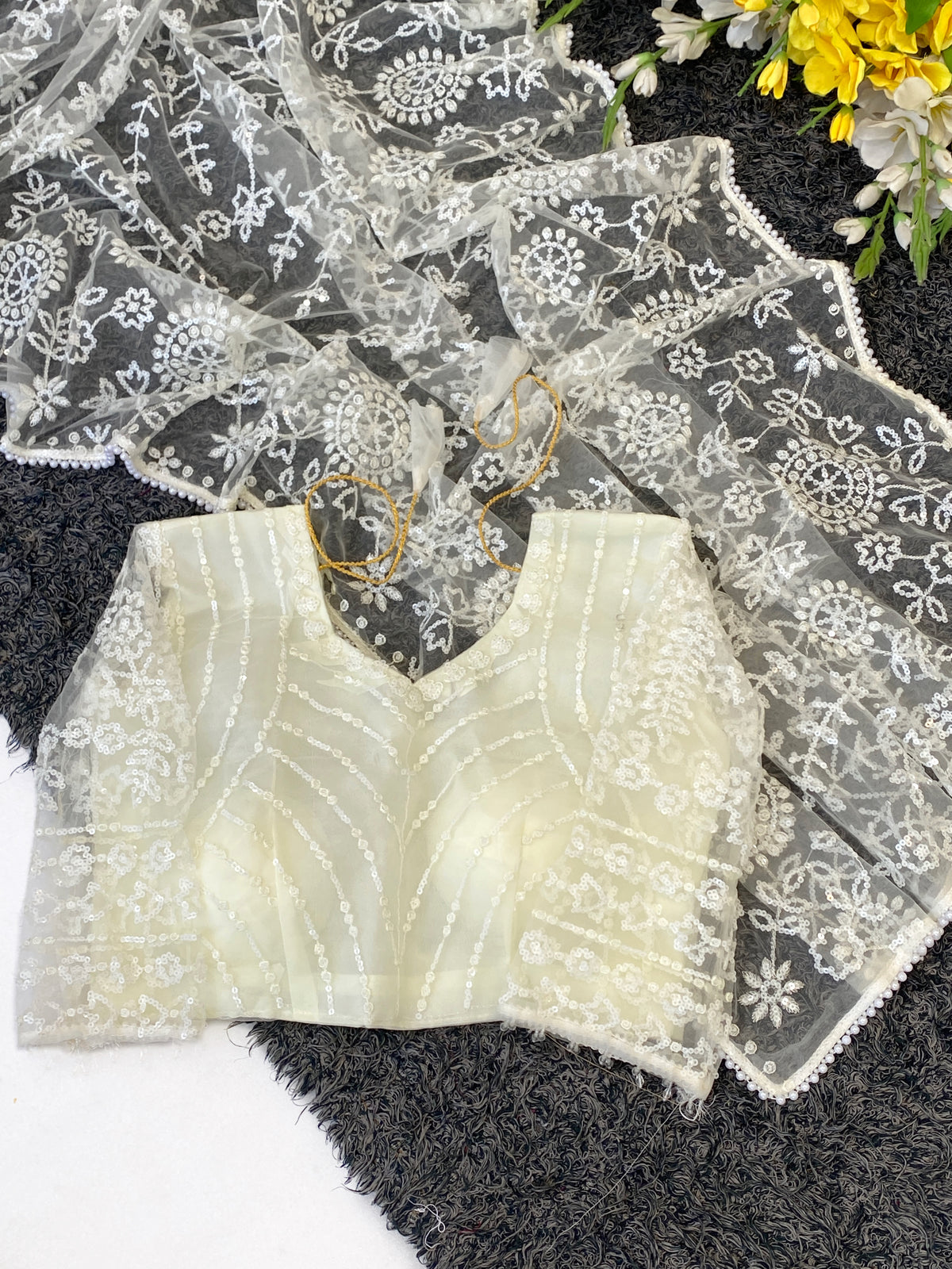 Splendorous Party Wear White Colour Net Heavy Embroidery Work Fancy Designer Saree With Blouse Piece