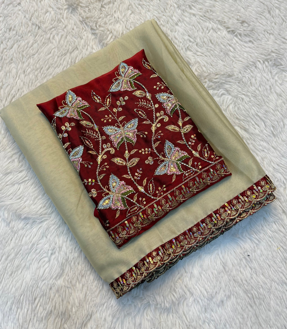 Luxury Partywear Silk Embroidery n Bids Work Designer Saree With Elegant Blouse Piece