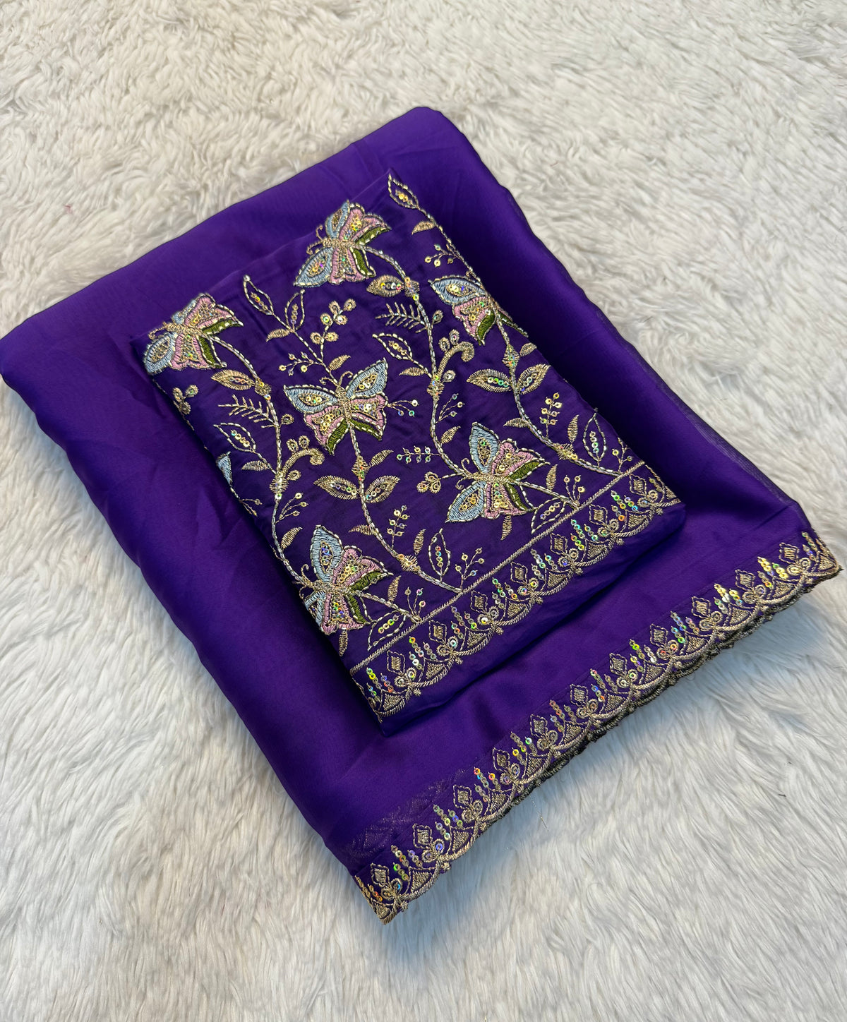 Luxury Partywear Silk Embroidery n Bids Work Designer Saree With Elegant Blouse Piece