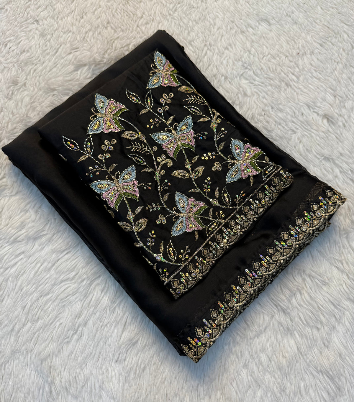 Luxury Partywear Silk Embroidery n Bids Work Designer Saree With Elegant Blouse Piece