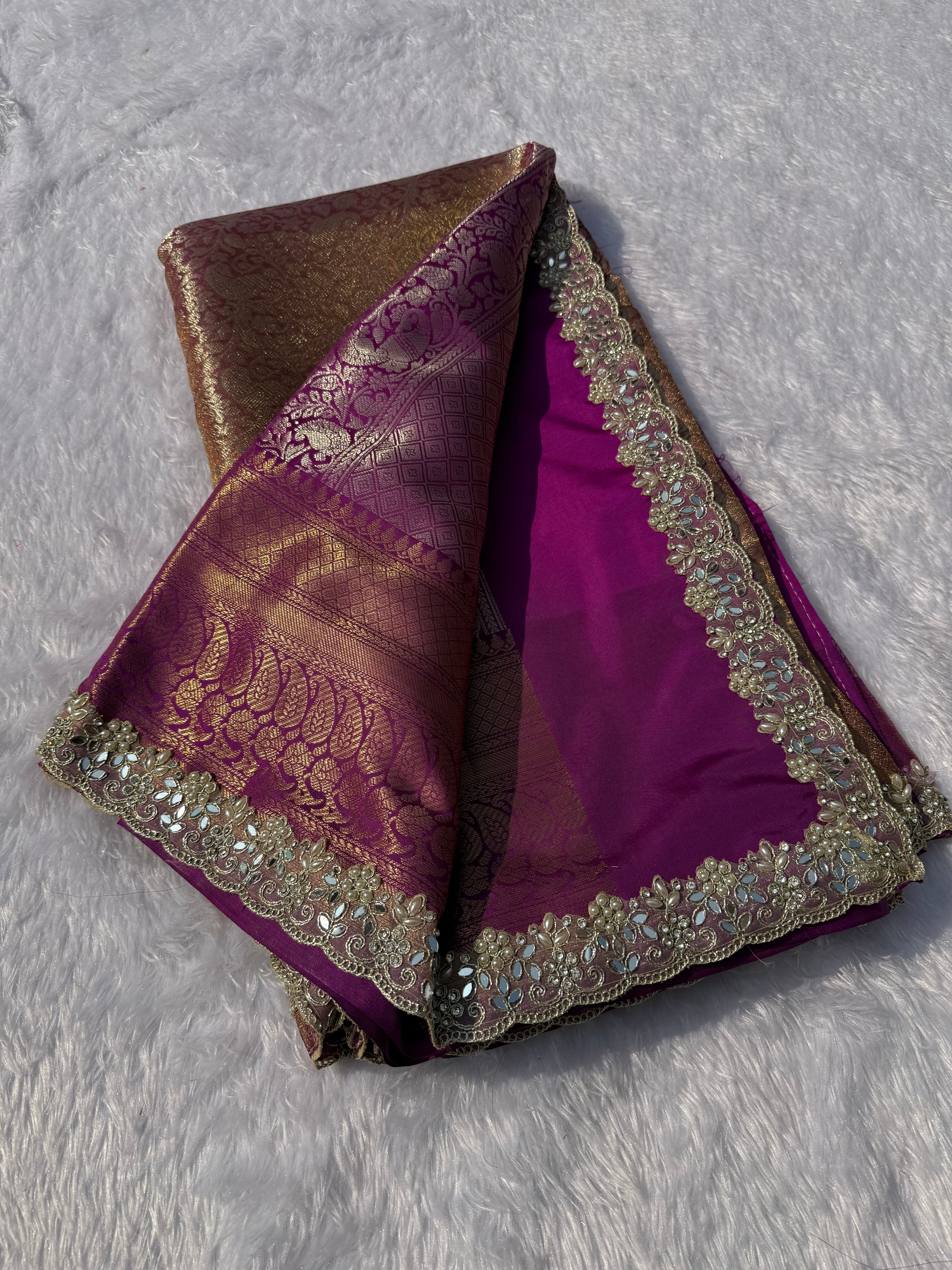 Quintessential Party Wear Banarasi Kanchipuram Tissue Silk Jacquard n Heavy Mirror Lace Work Rich Pallu Fancy Designer Saree