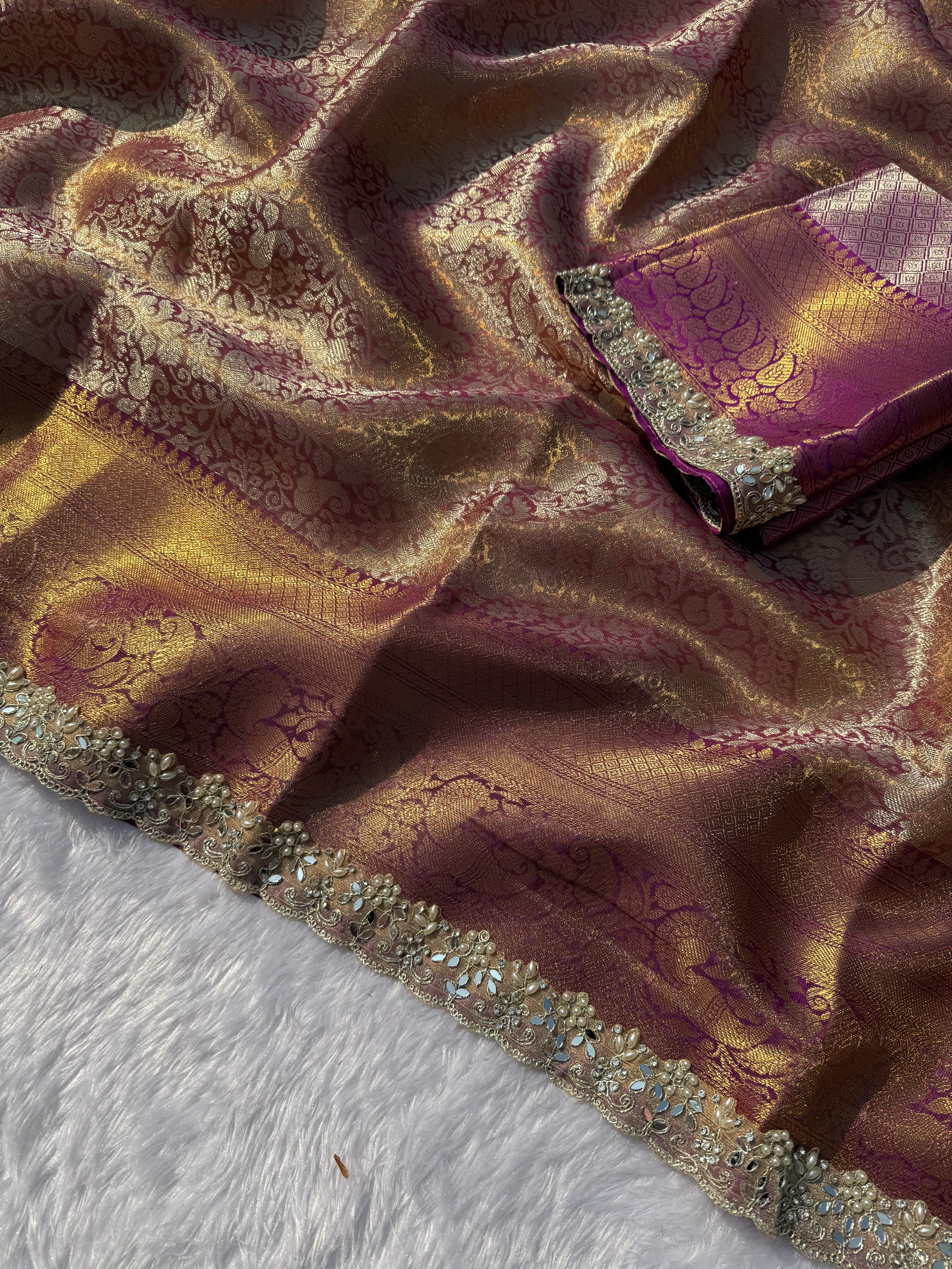Quintessential Party Wear Banarasi Kanchipuram Tissue Silk Jacquard n Heavy Mirror Lace Work Rich Pallu Fancy Designer Saree