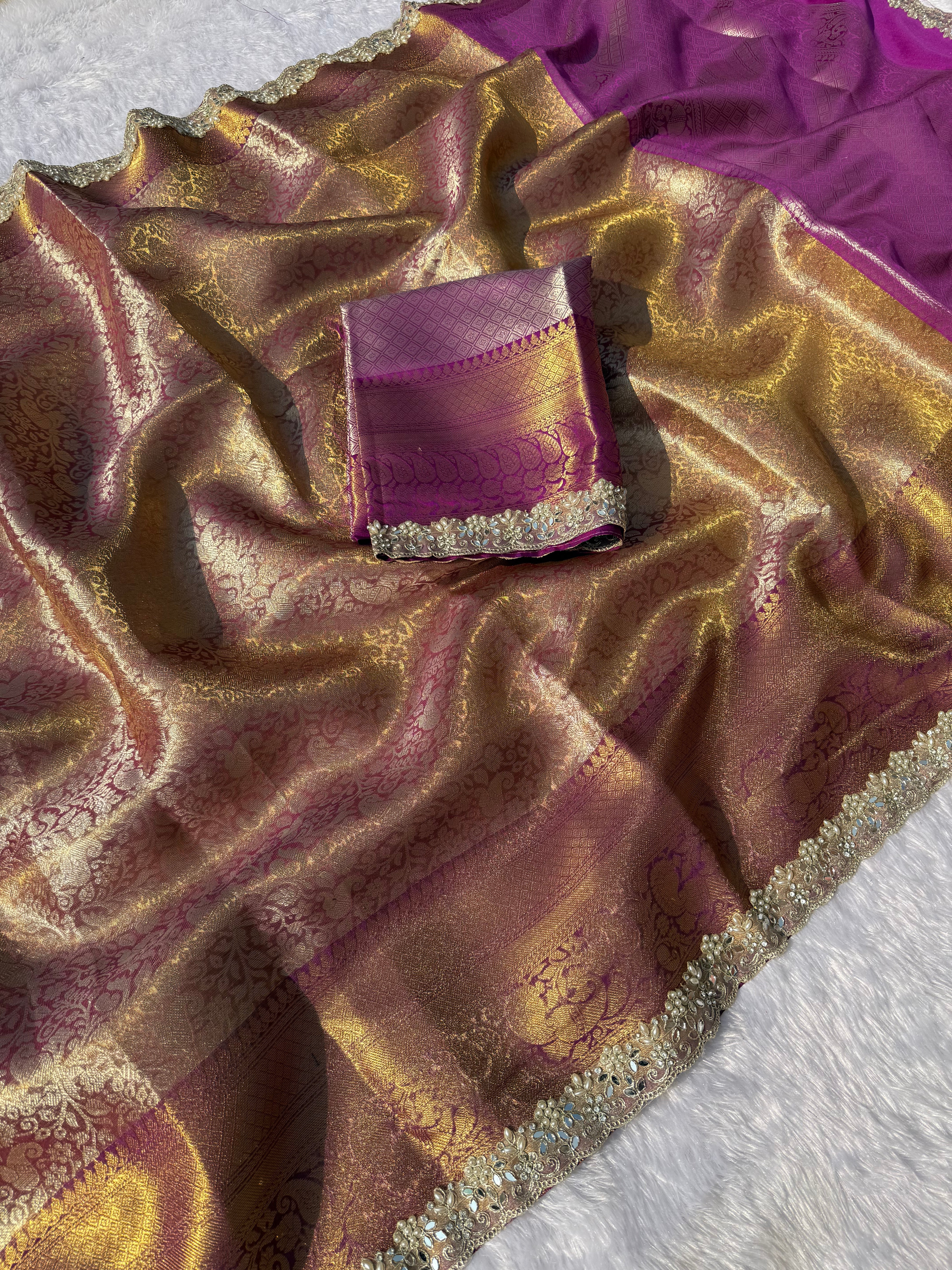 Quintessential Party Wear Banarasi Kanchipuram Tissue Silk Jacquard n Heavy Mirror Lace Work Rich Pallu Fancy Designer Saree