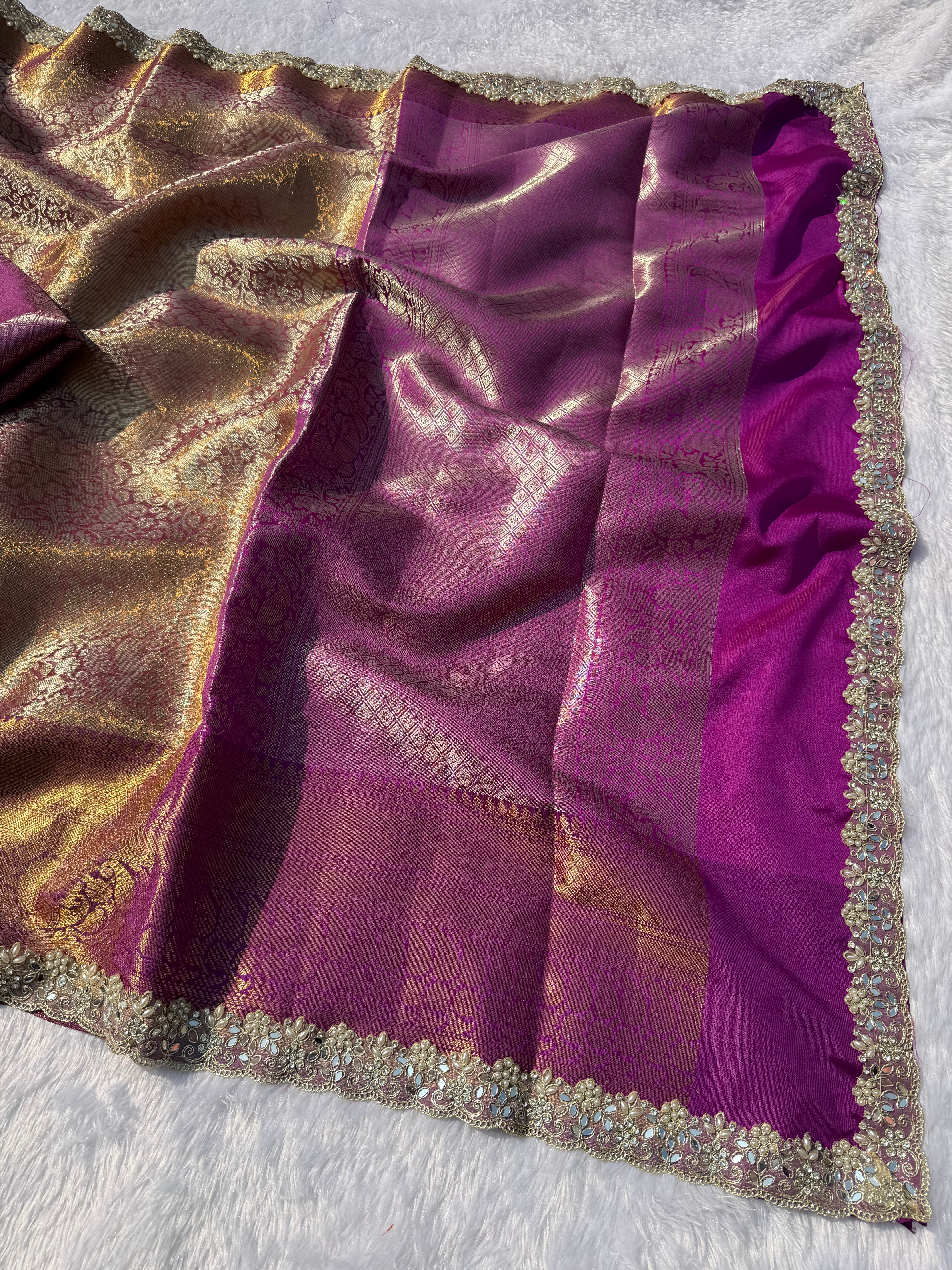 Quintessential Party Wear Banarasi Kanchipuram Tissue Silk Jacquard n Heavy Mirror Lace Work Rich Pallu Fancy Designer Saree