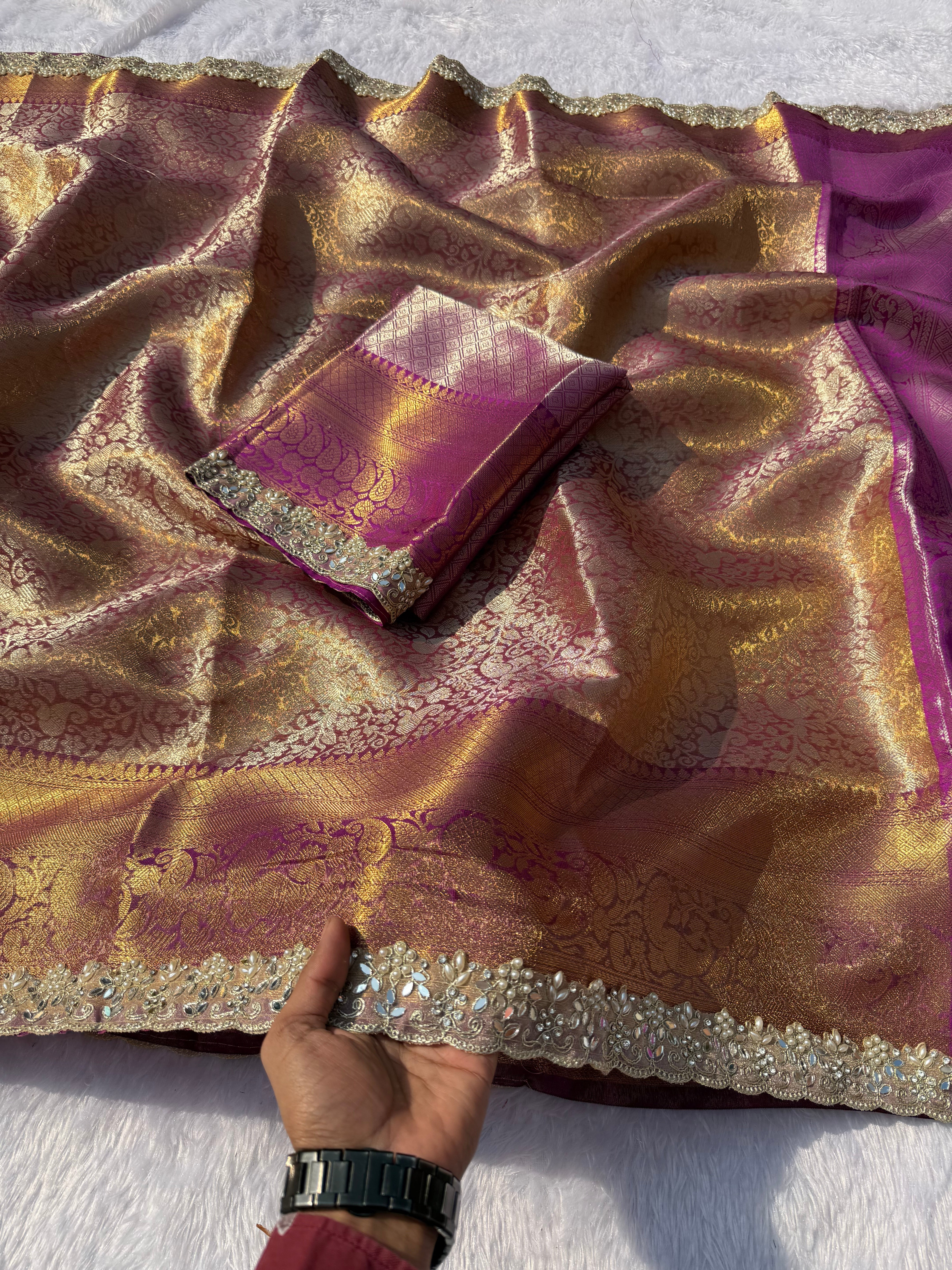 Quintessential Party Wear Banarasi Kanchipuram Tissue Silk Jacquard n Heavy Mirror Lace Work Rich Pallu Fancy Designer Saree