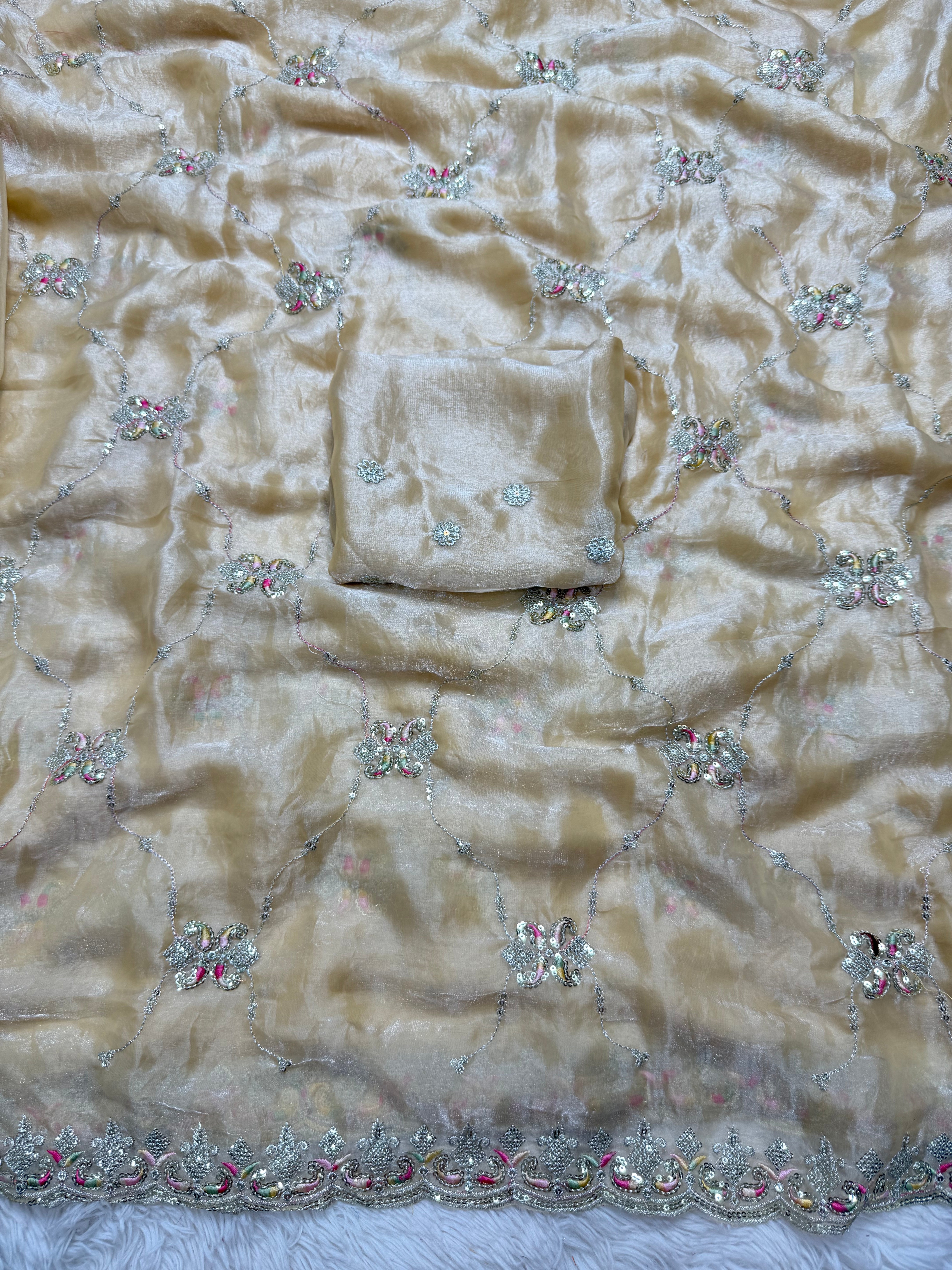 Artistic Festive Wear Silk Multi Thread n Sequence Embroidery Work Fancy Designer Saree With Elegant Blouse Piece