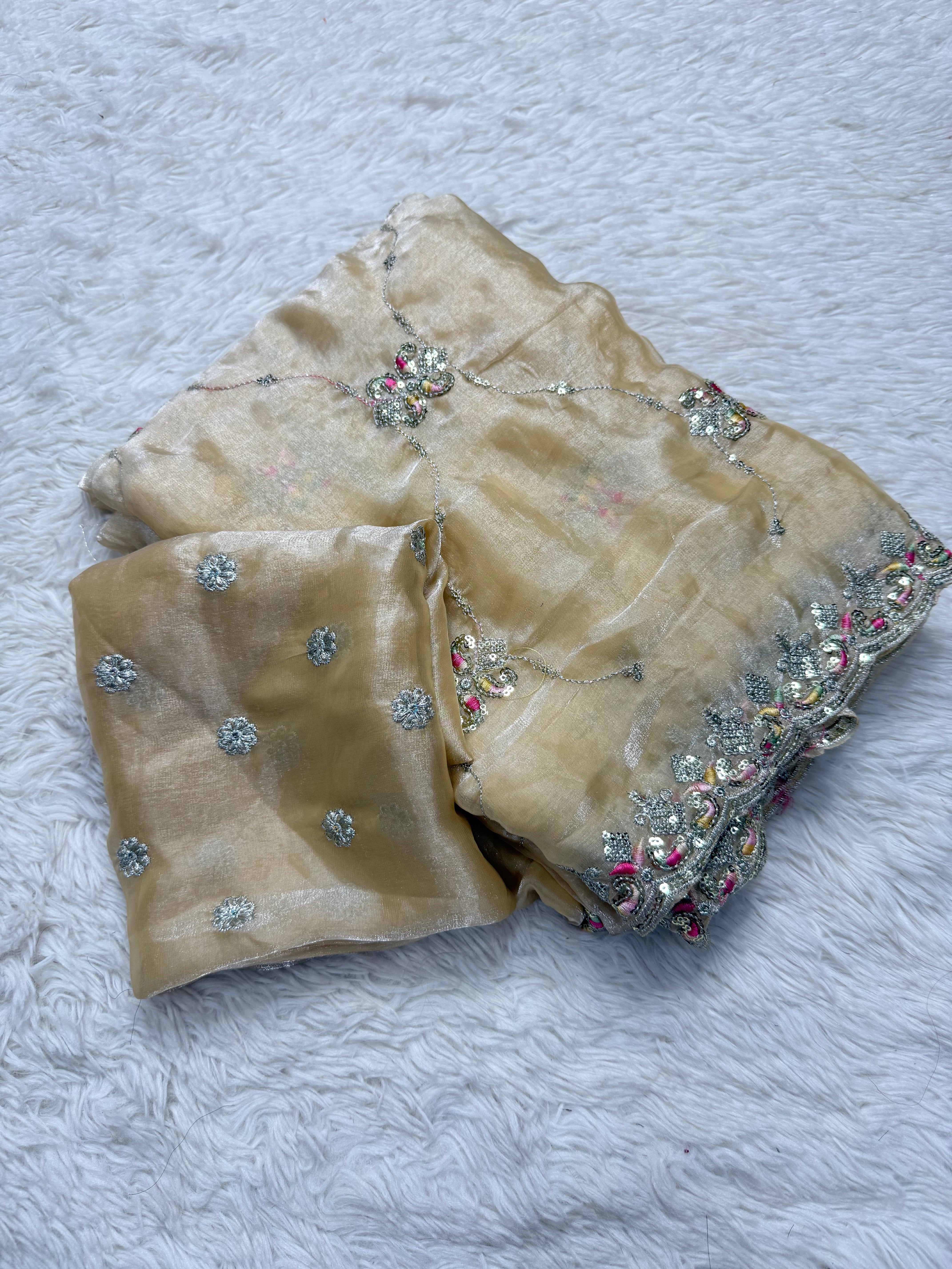 Artistic Festive Wear Silk Multi Thread n Sequence Embroidery Work Fancy Designer Saree With Elegant Blouse Piece