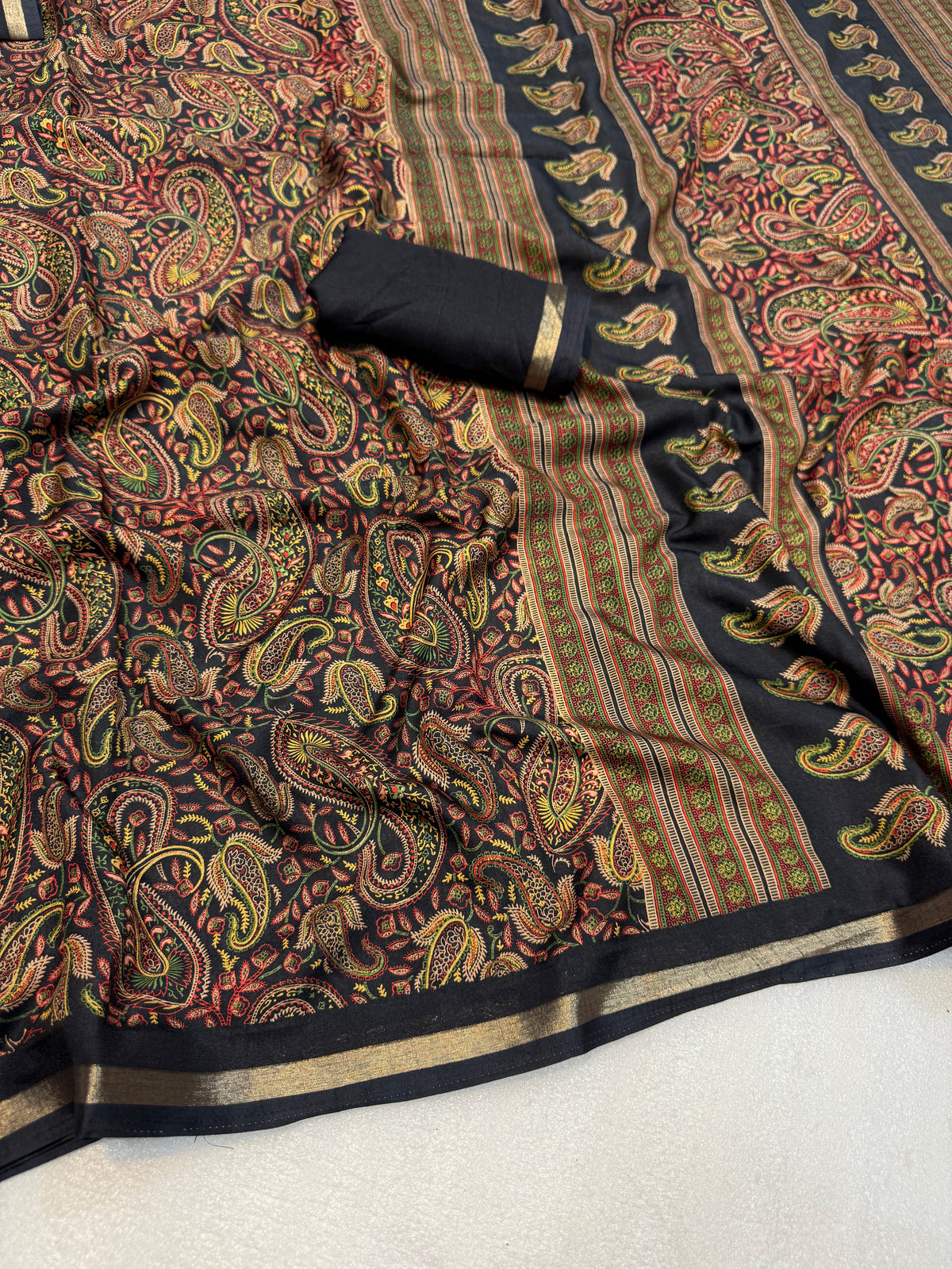Imaginative Festive Wear Pure Soft Tussar Kashmiri Silk Printed n Zari Work Border Rich Pallu Fancy Designer Saree