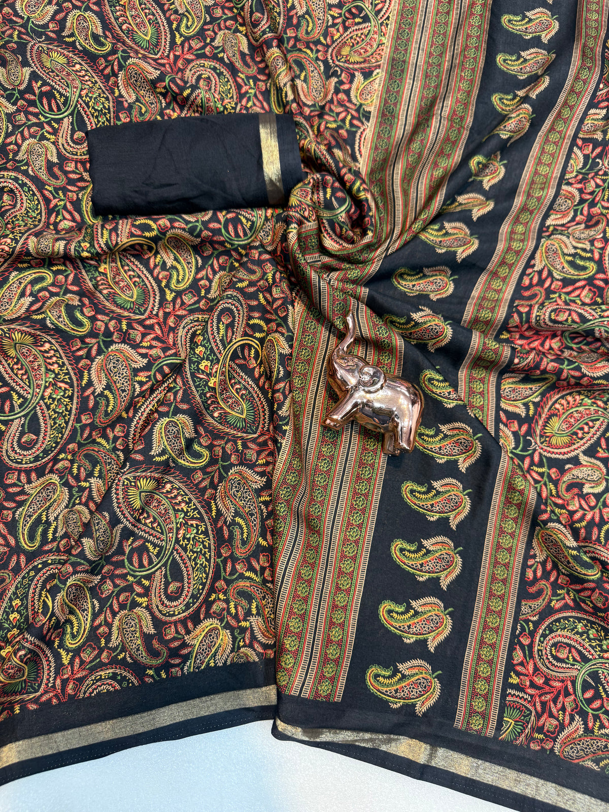 Imaginative Festive Wear Pure Soft Tussar Kashmiri Silk Printed n Zari Work Border Rich Pallu Fancy Designer Saree