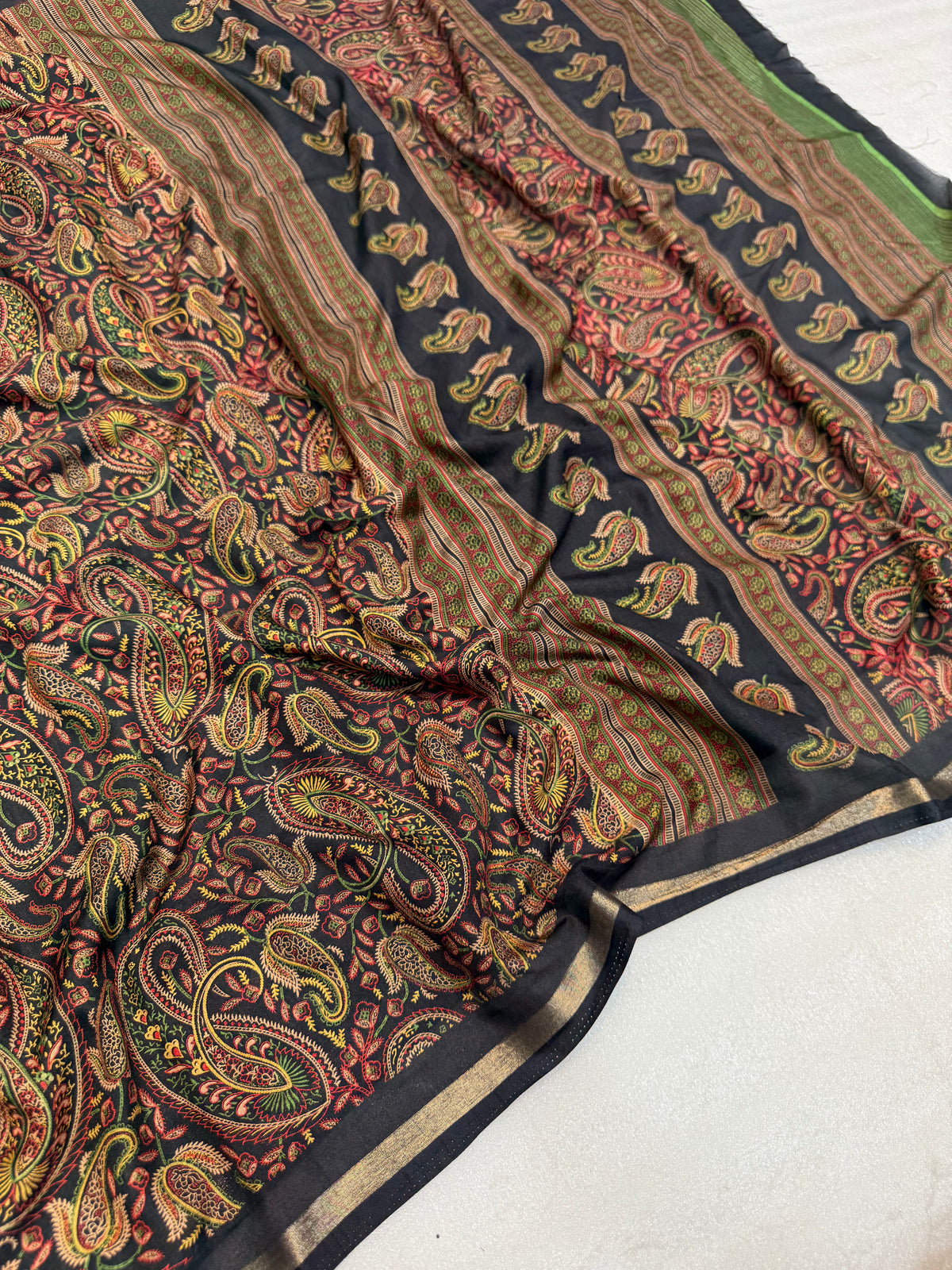 Imaginative Festive Wear Pure Soft Tussar Kashmiri Silk Printed n Zari Work Border Rich Pallu Fancy Designer Saree
