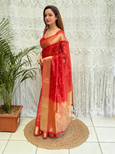 Load image into Gallery viewer, Charismatic Function Wear Banarasi Organza Silk Zari Weaving Rich Pallu Fancy Designer Saree With Blouse Piece
