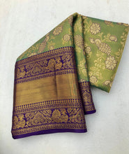 Load image into Gallery viewer, New Wedding Wear Pista n Purple Color Kanjivaram Pattu Silk Zari Weaving Saree
