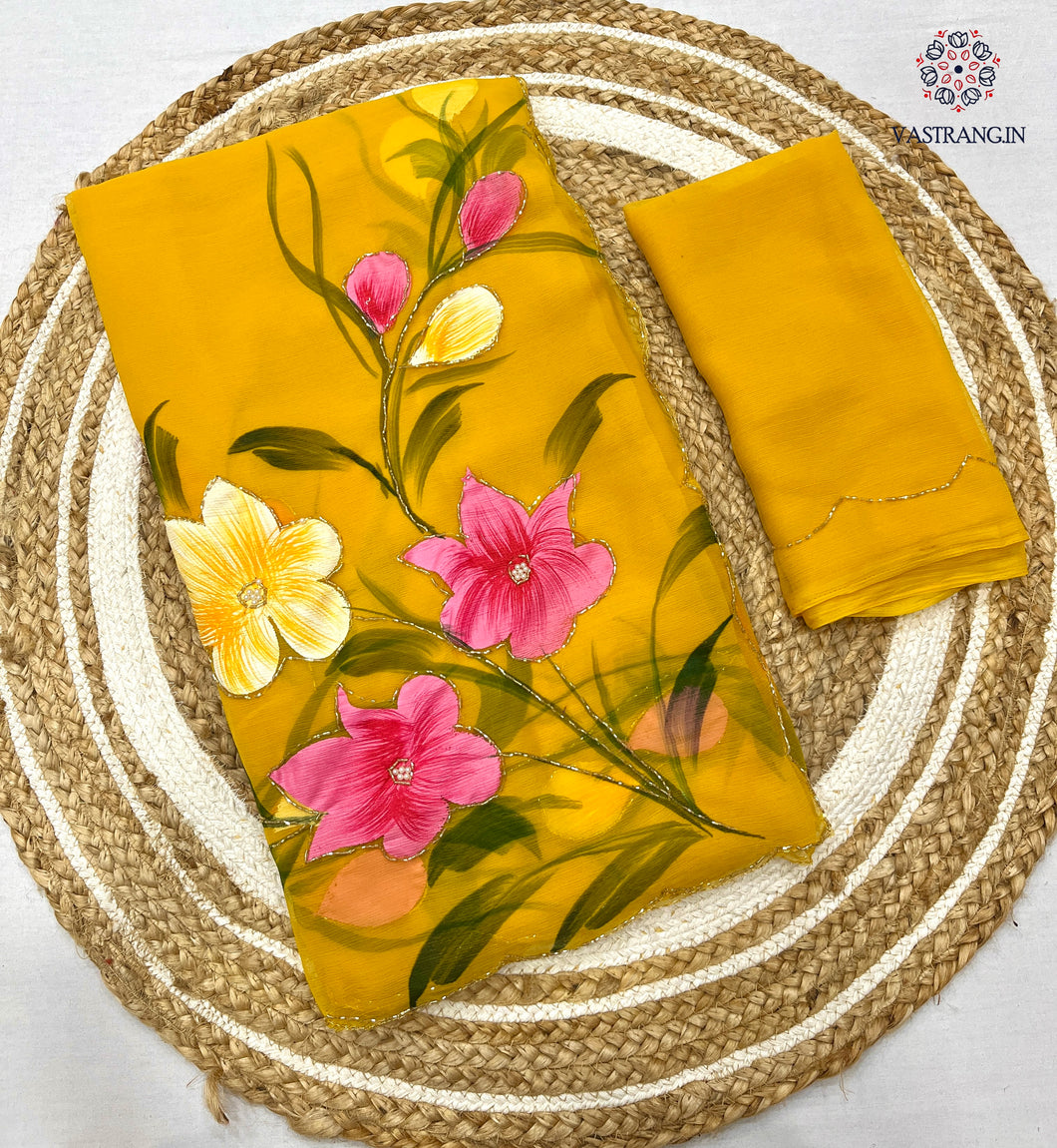 New Party Wear Yellow Colour Soft Pure Chiffon Handbrush Print n Handwork Fancy Designer Saree for Women