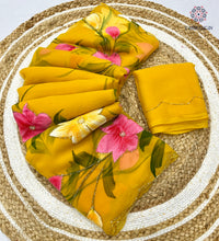 Load image into Gallery viewer, New Party Wear Yellow Colour Soft Pure Chiffon Handbrush Print n Handwork Fancy Designer Saree for Women
