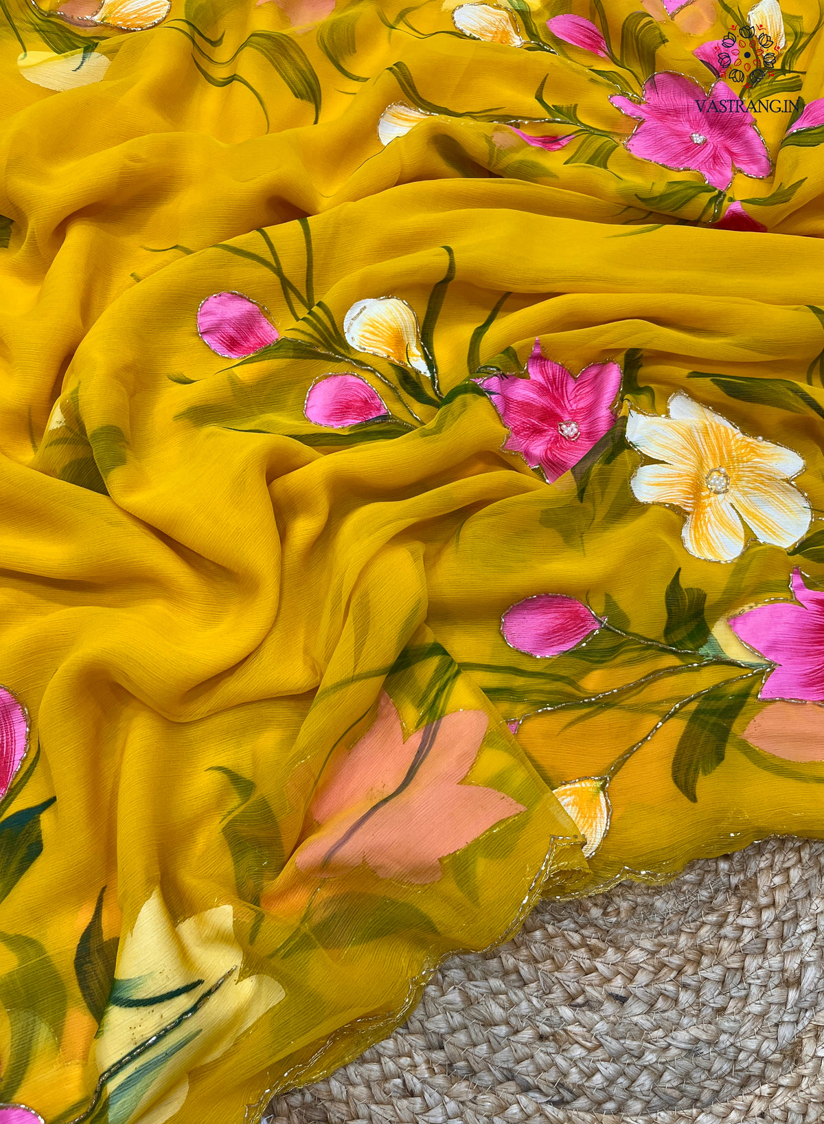 New Party Wear Yellow Colour Soft Pure Chiffon Handbrush Print n Handwork Fancy Designer Saree for Women