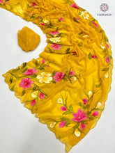 Load image into Gallery viewer, New Party Wear Yellow Colour Soft Pure Chiffon Handbrush Print n Handwork Fancy Designer Saree for Women
