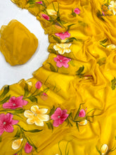 Load image into Gallery viewer, New Party Wear Yellow Colour Soft Pure Chiffon Handbrush Print n Handwork Fancy Designer Saree for Women

