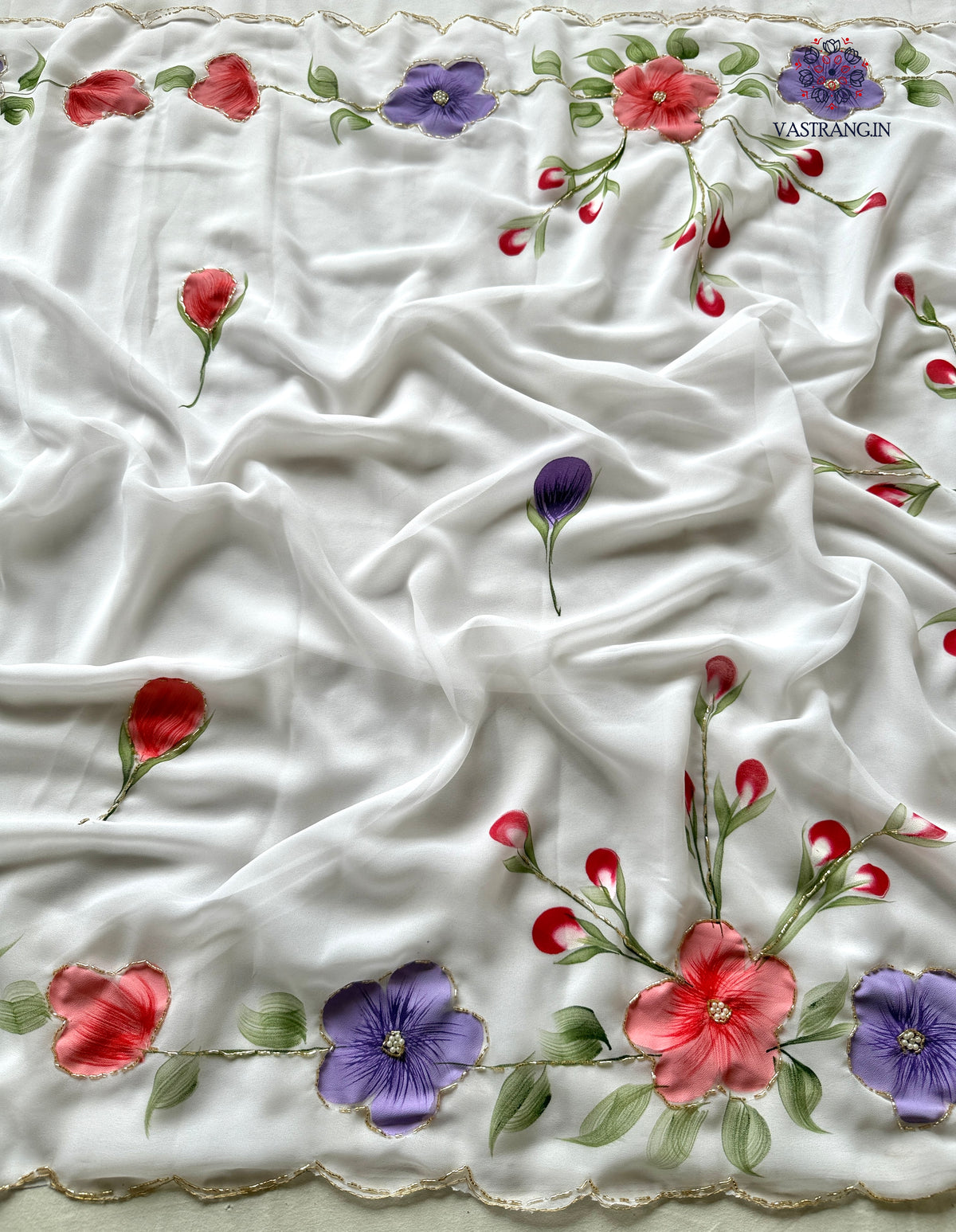 Attractive New White Colour Soft Pure Georgette Handbrush Flower n Handwork Fancy Designer Saree With Blouse