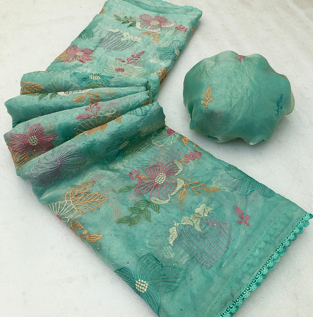 Forbearance Festive Wear Soft Silk Embroidery Thread n Siroski Work Fancy Saree With Blouse Piece