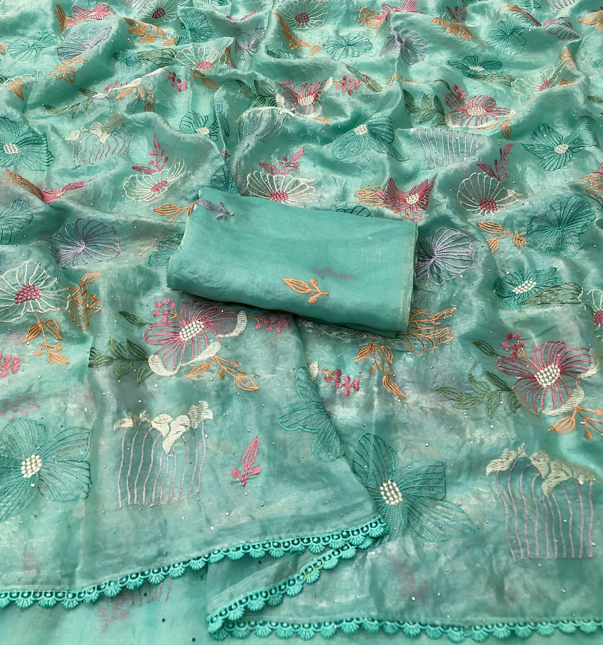 Forbearance Festive Wear Soft Silk Embroidery Thread n Siroski Work Fancy Saree With Blouse Piece