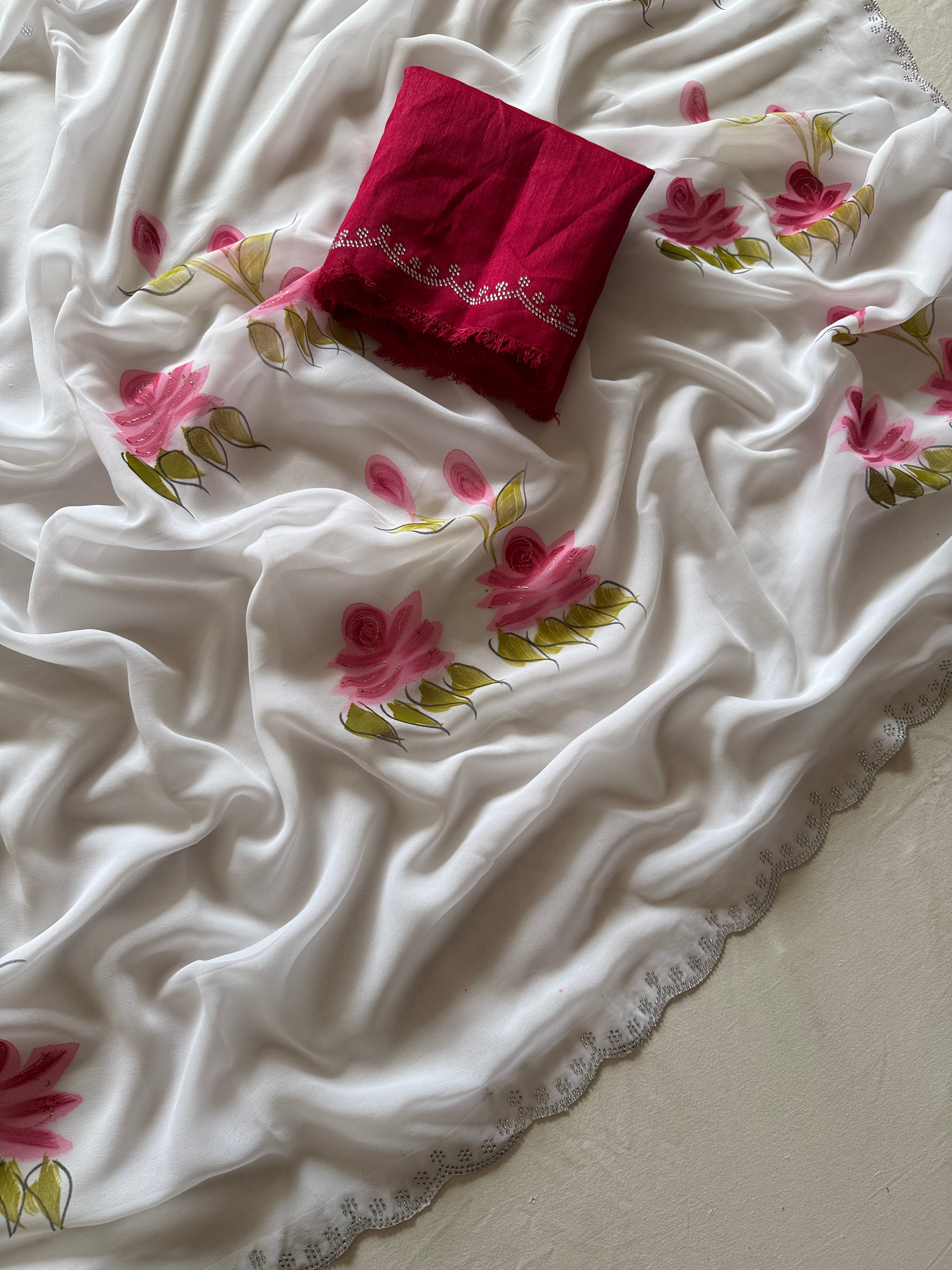 Beautiful Partywear White Colour Soft Georgette Handbrush Print With Siroski Cut Work Fancy Designer Saree