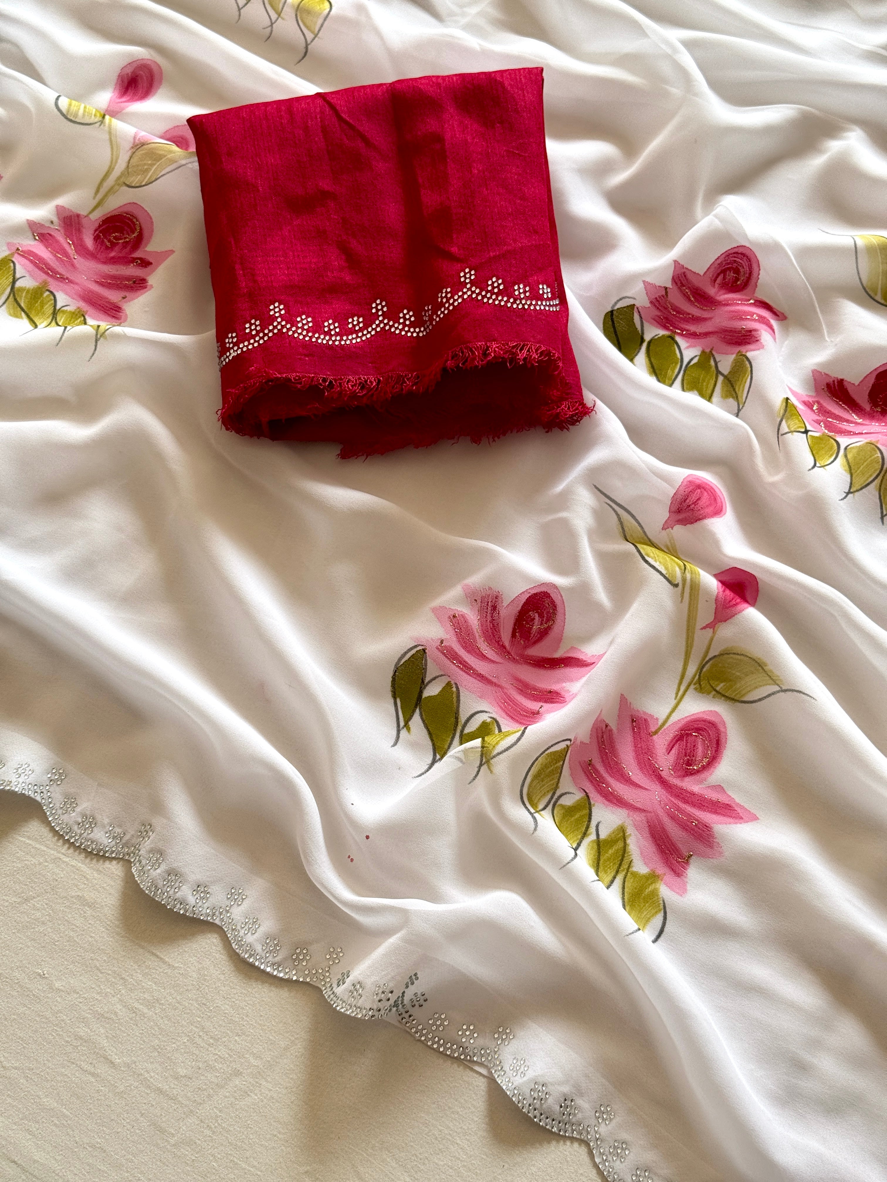 Beautiful Partywear White Colour Soft Georgette Handbrush Print With Siroski Cut Work Fancy Designer Saree