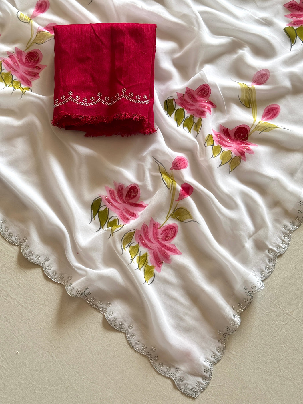 Beautiful Partywear White Colour Soft Georgette Handbrush Print With Siroski Cut Work Fancy Designer Saree