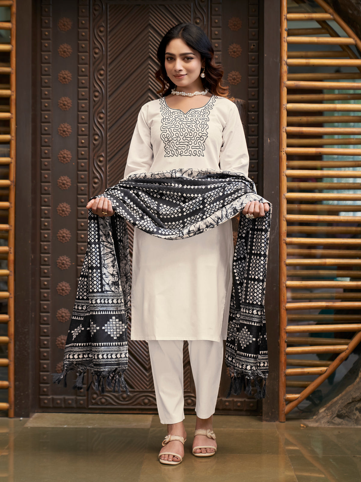 Elegant Function Wear Cotton Silk Embroidery n Sequence Work Designer Straight Kurta With Trouser n Dupatta Set
