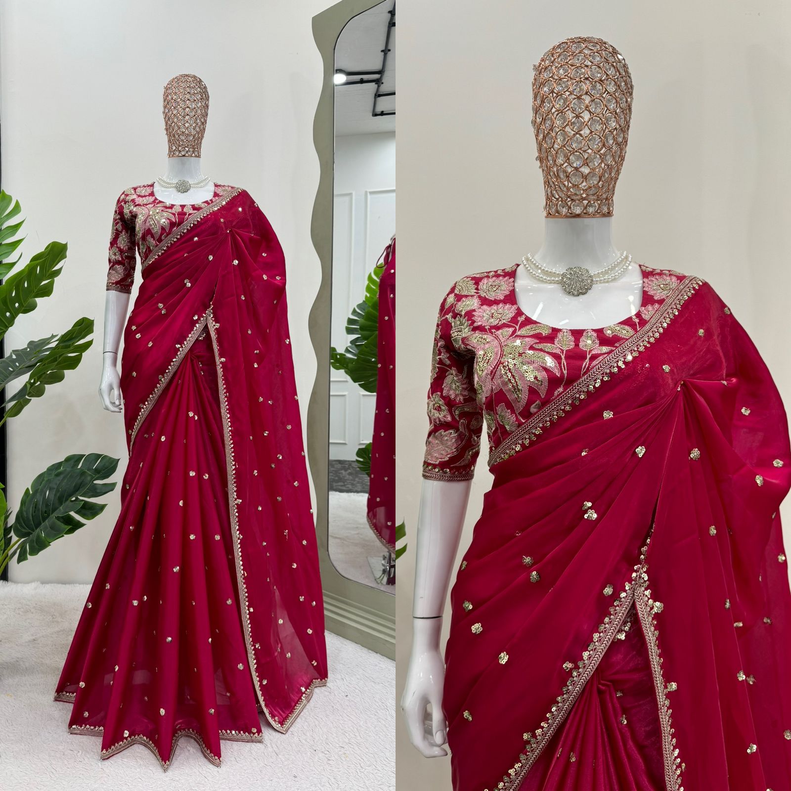 New Partywear Silk Fabric Sequence n Embroidered Fancy Designer Saree With Unstitched Blouse