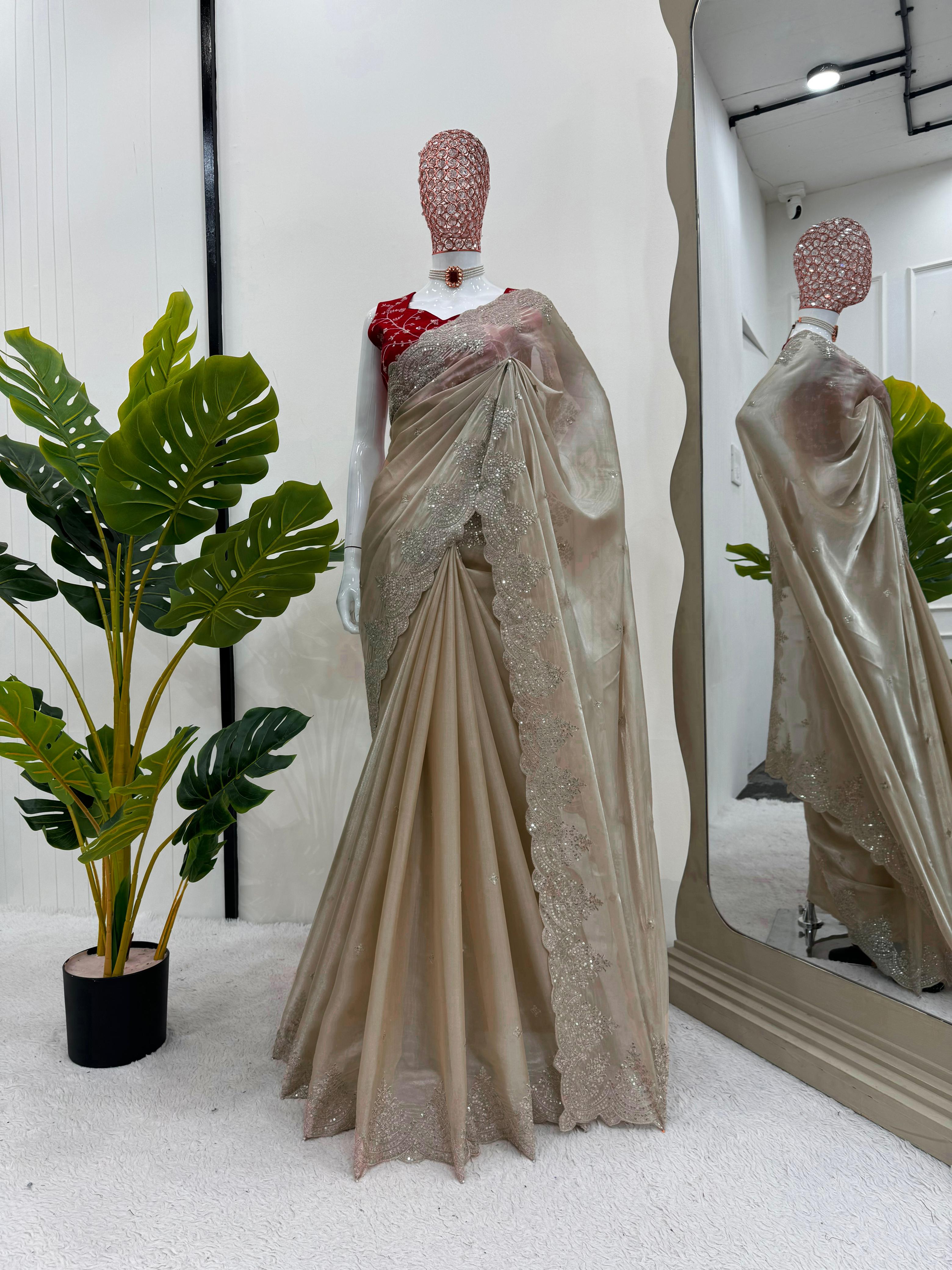New Golden Color Partywear Silk Fabric Sequence n Embroidered Fancy Designer Saree With Unstitched Blouse