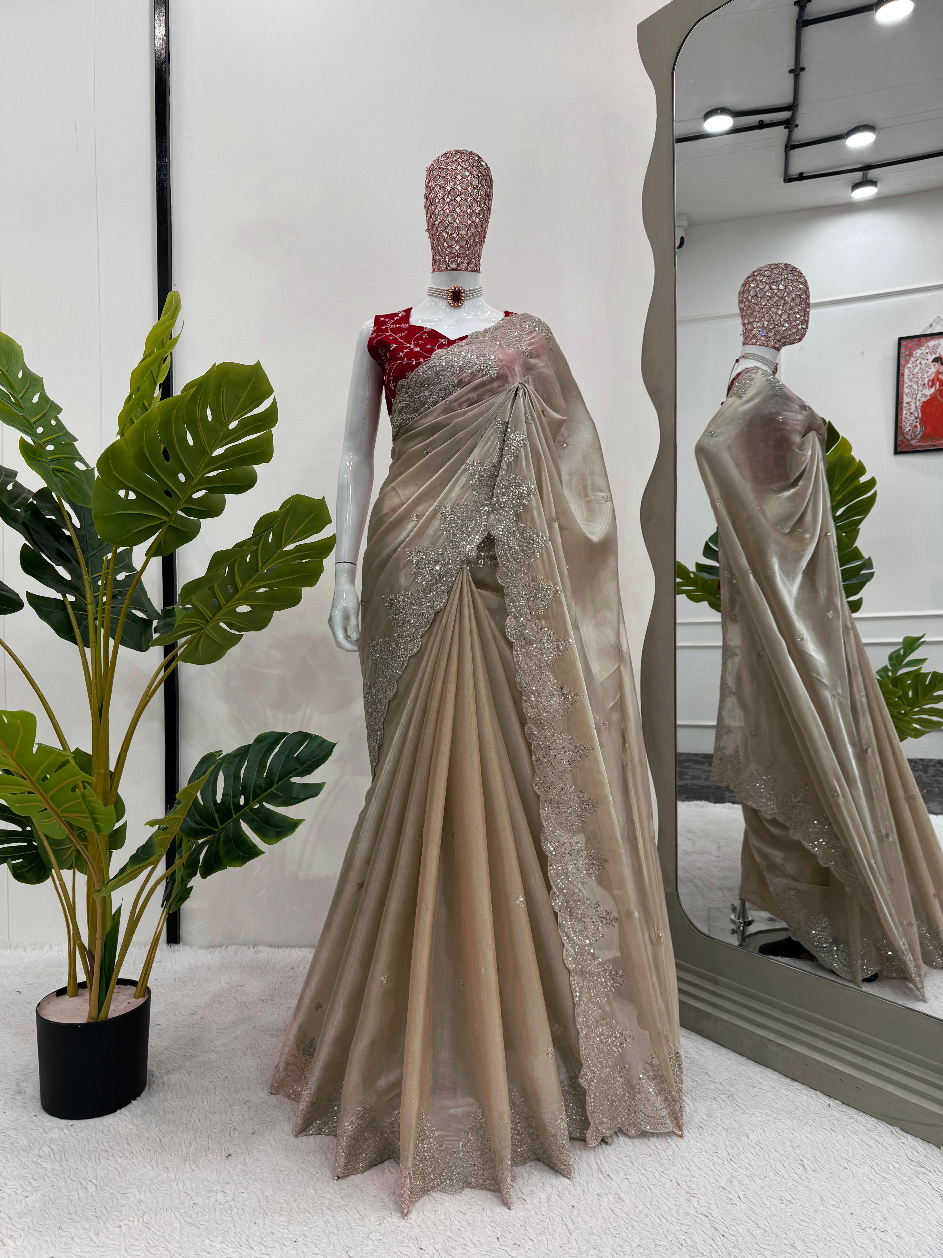 New Golden Color Partywear Silk Fabric Sequence n Embroidered Fancy Designer Saree With Unstitched Blouse