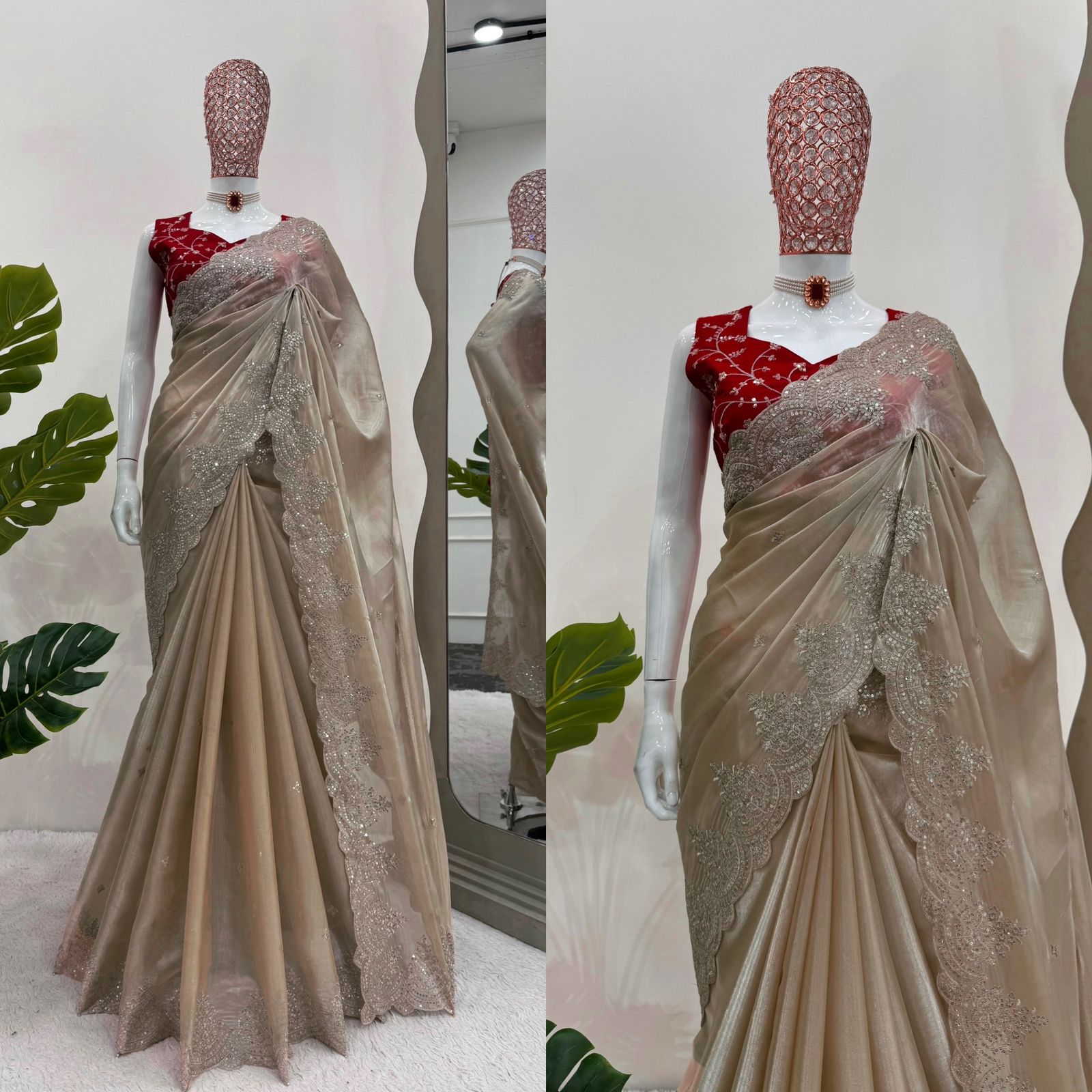 New Golden Color Partywear Silk Fabric Sequence n Embroidered Fancy Designer Saree With Unstitched Blouse