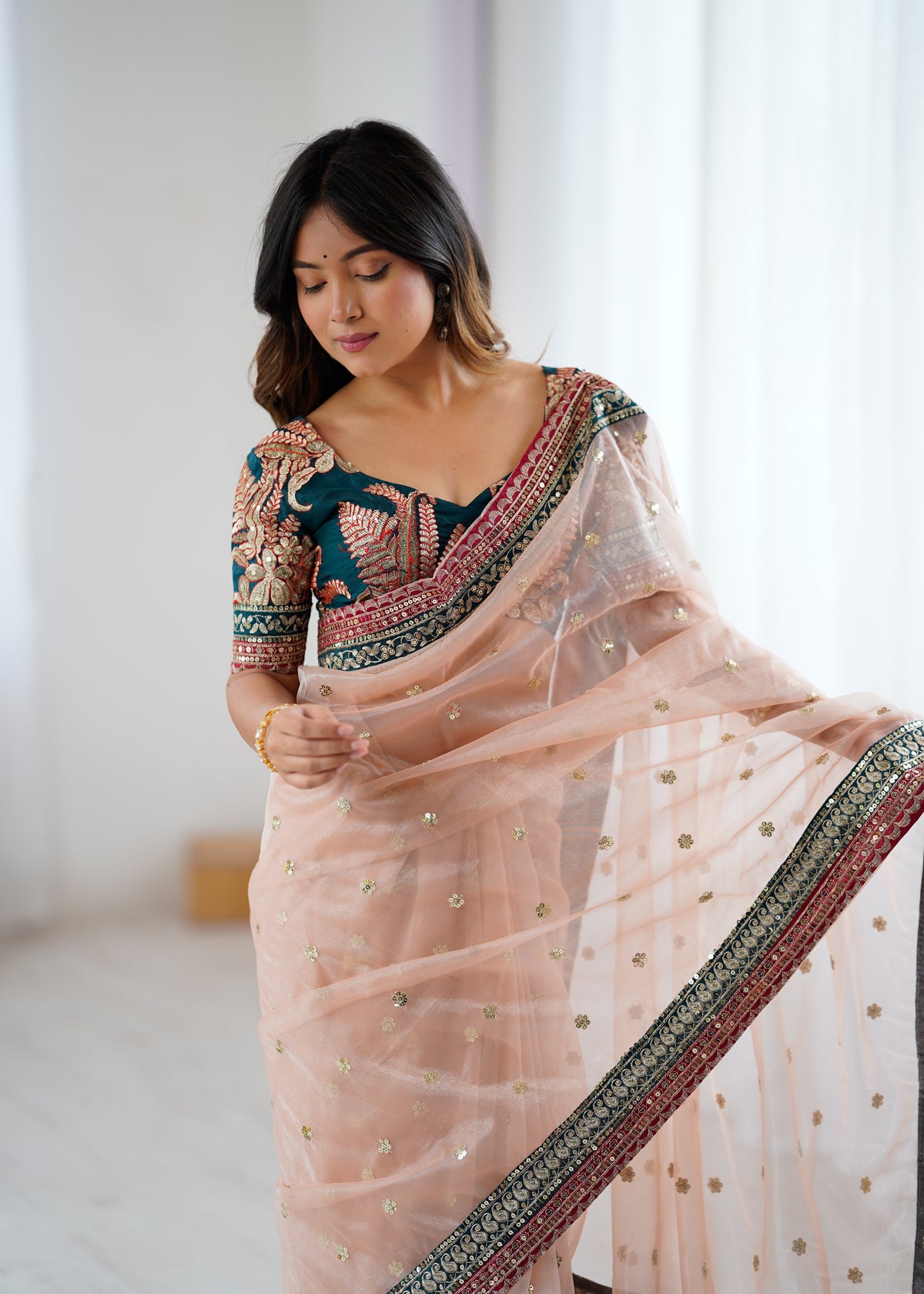 Gorgeous Function Wear Pure Net Thread n Sequence Work Designer Saree With Unstitched Blouse