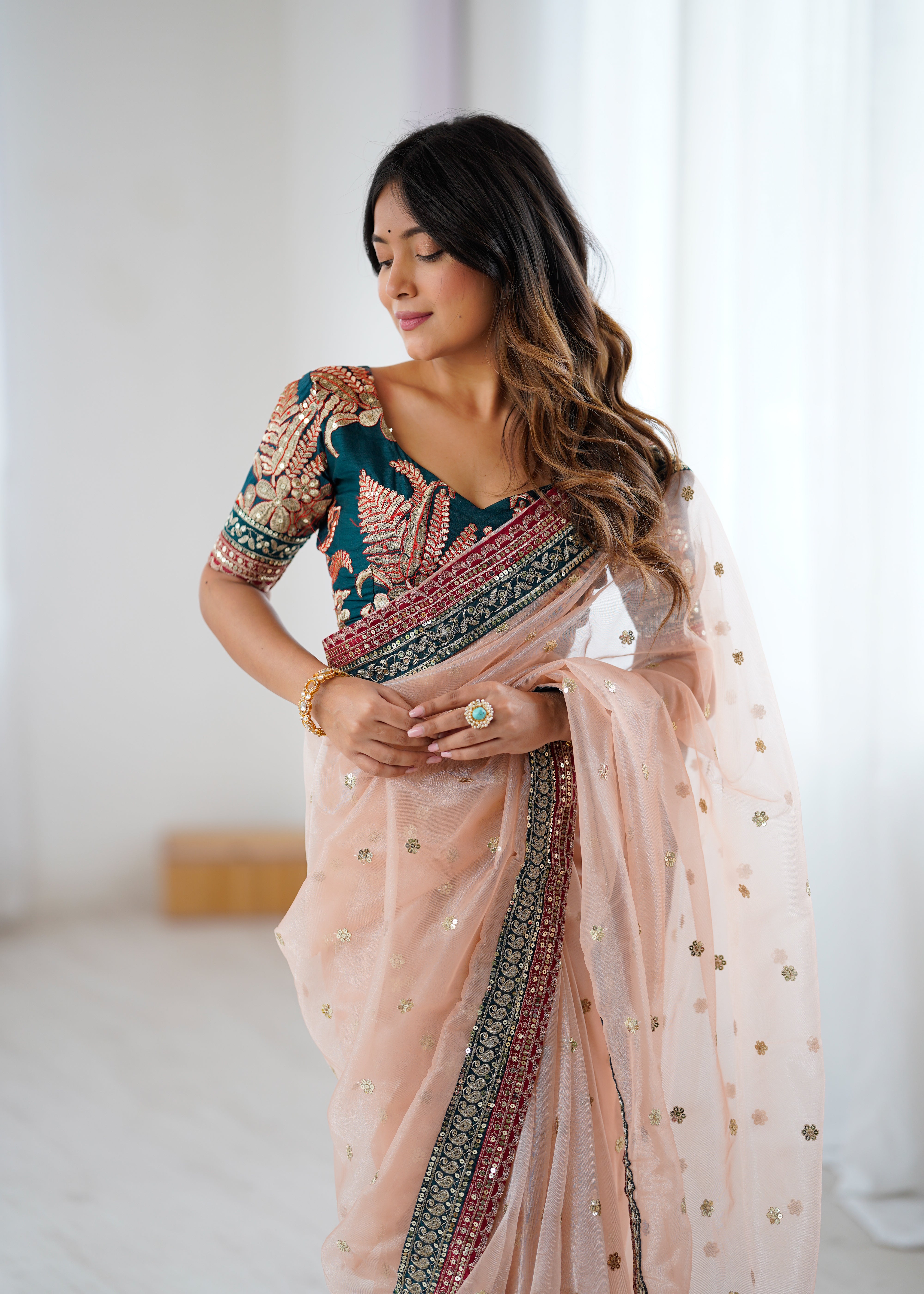 Gorgeous Function Wear Pure Net Thread n Sequence Work Designer Saree With Unstitched Blouse
