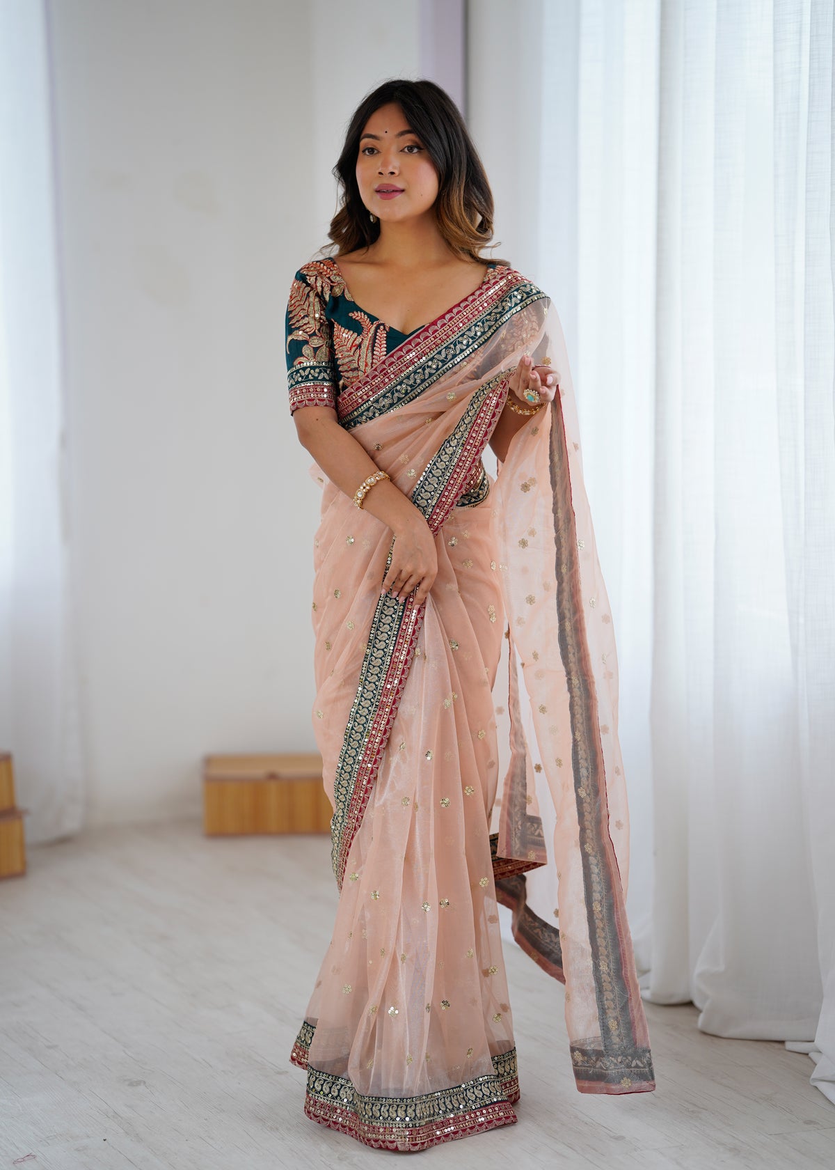 Gorgeous Function Wear Pure Net Thread n Sequence Work Designer Saree With Unstitched Blouse
